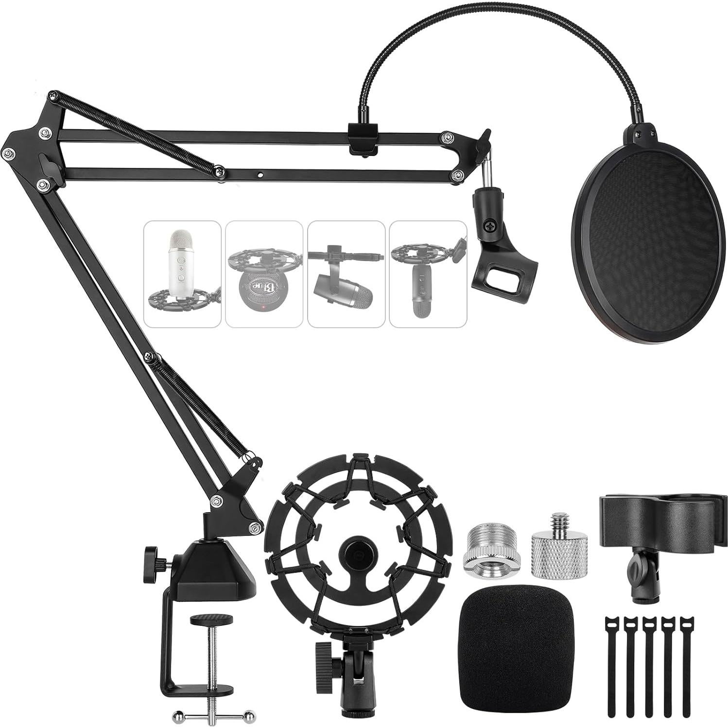 Microphone Stand for Blue Yeti Upgraded Mic Boom Arm Desk Mount for Hyperx Quadcast Blue Yeti Pro X Snowball with Top Grade Shock Mount, Pop Filter,Windscreen,Mic Holder for Broadcasting Game