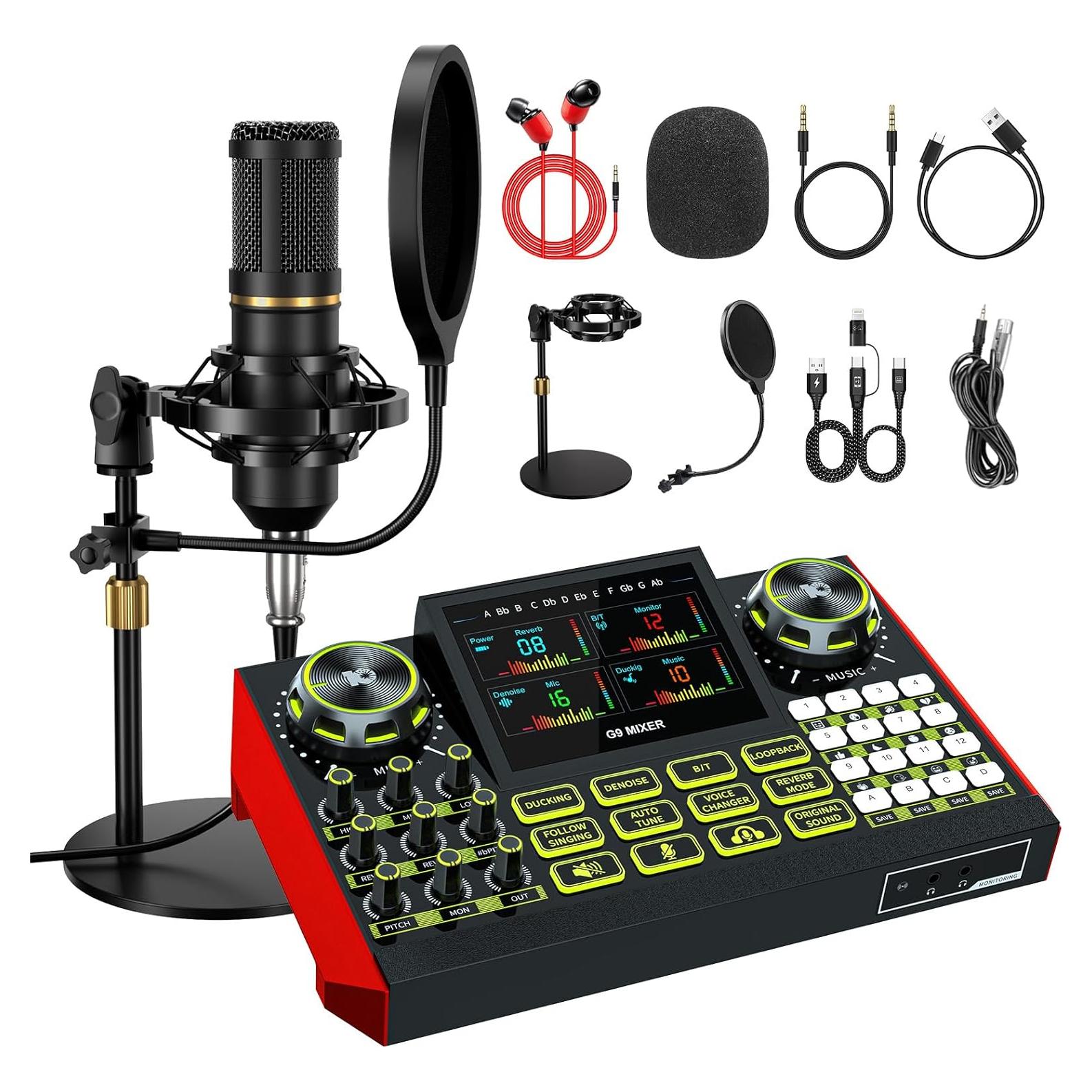 Podcast Microphone Bundle with Live Sound Card Audio Mixer, Podcast Equipment Bundle Sound Board with 3.5mm Condenser Microphone for Pc/Phone Live Streaming Singing Gaming,Voice Changer, Denoise