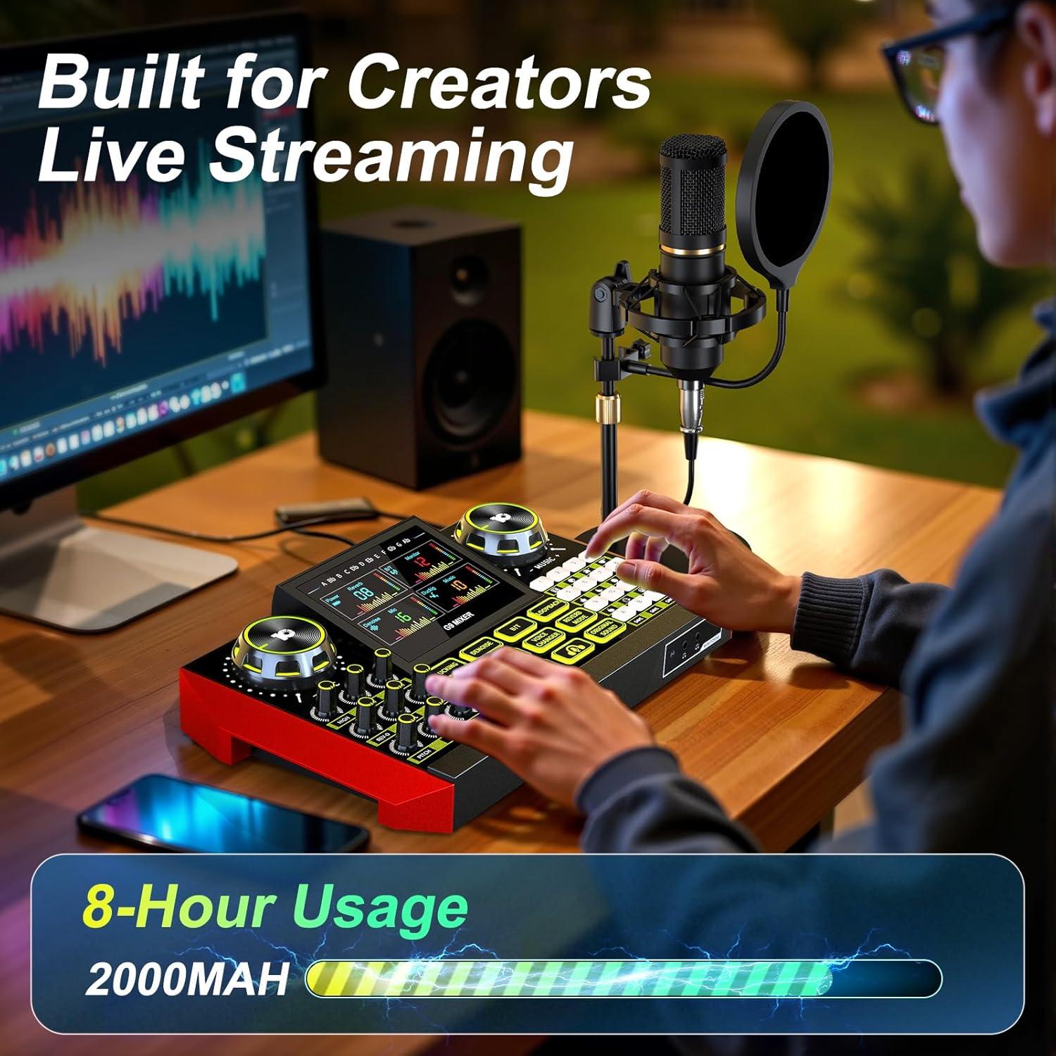 Podcast Microphone Bundle with Live Sound Card Audio Mixer, Podcast Equipment Bundle Sound Board with 3.5mm Condenser Microphone for Pc/Phone Live Streaming Singing Gaming,Voice Changer, Denoise