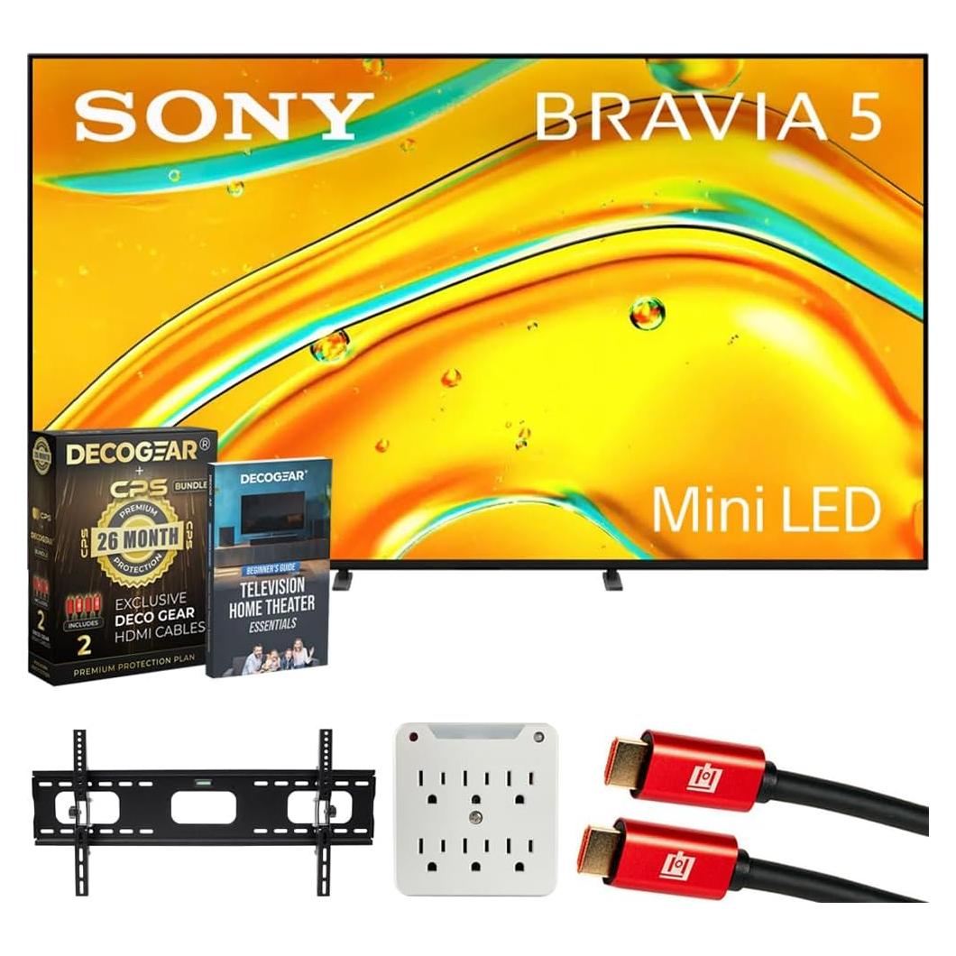 K55XR50 BRAVIA 5 55" Mini LED 4K HDR TV (2025) Bundle with CPS Exclusive 26 Month Protection, Wall Mount, 2X HDMI Cables, Surge Adapter & Deco Gear Complete Home Theater Beginner's Guidebook