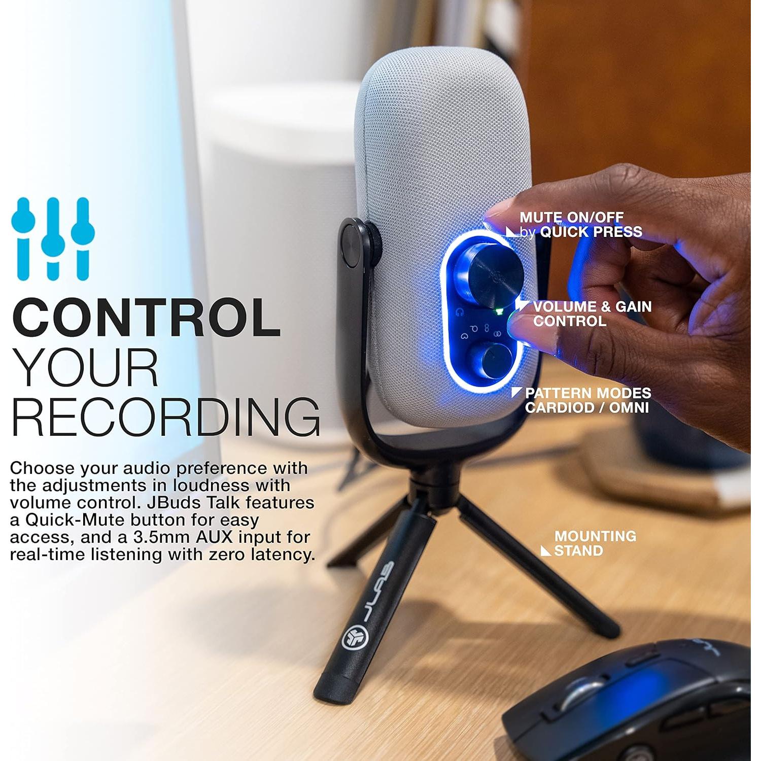 Micrófono USB JLab JBuds Talk para Streaming y Juegos, Blanco