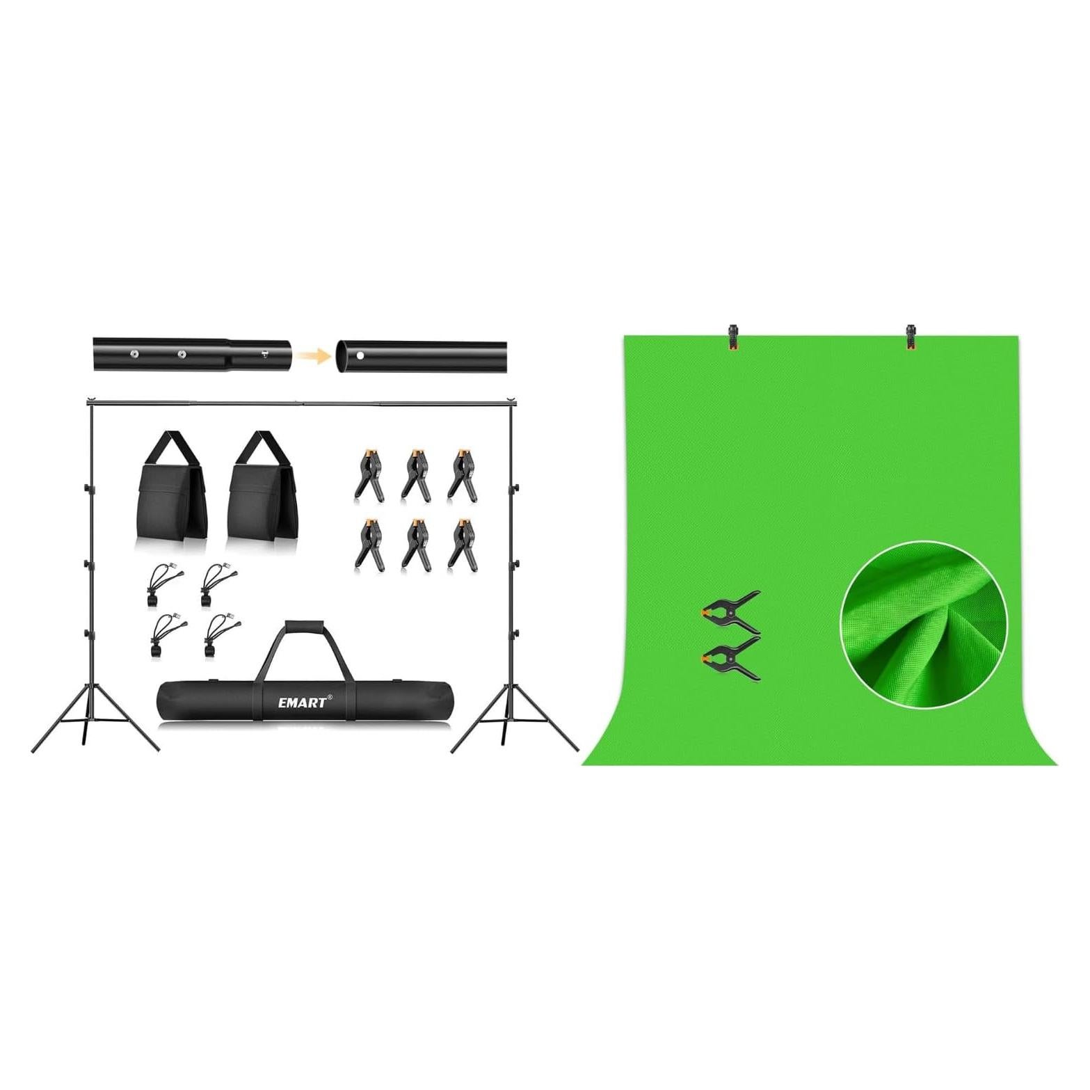 EMART 8.5 x 10 ft Photo Backdrop Stand, Adjustable Photography Muslin Background Support System Stand, 5x6.5ft Non-Woven Green Screen Backdrop, for Photo Video Studio