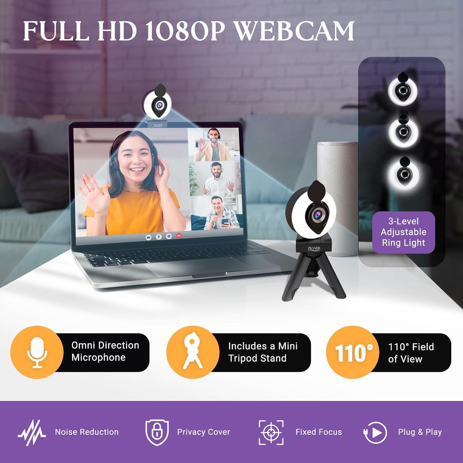 Cámara Web FHD 1080p Ziqarr con Luz y Micrófono Integrado