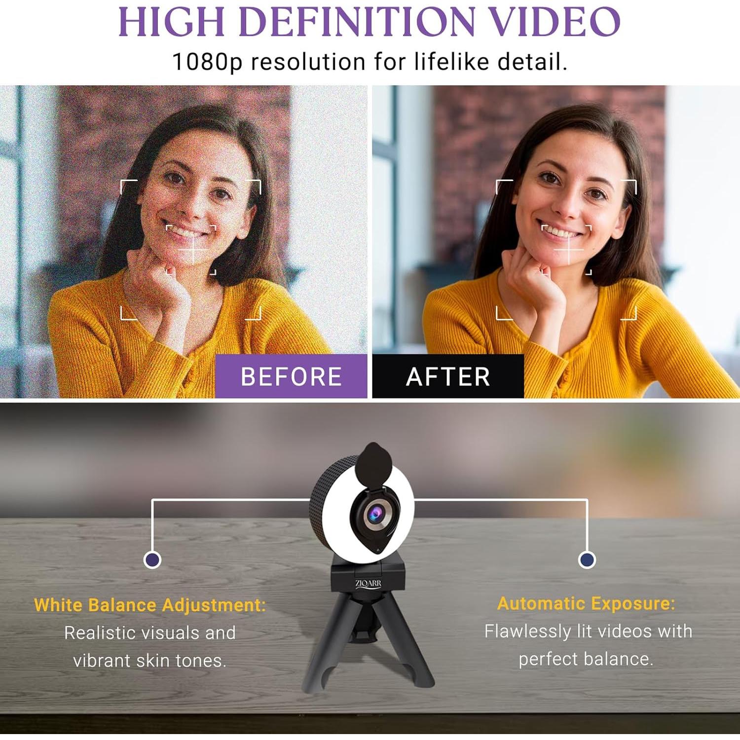 Cámara Web FHD 1080p Ziqarr con Luz y Micrófono Integrado