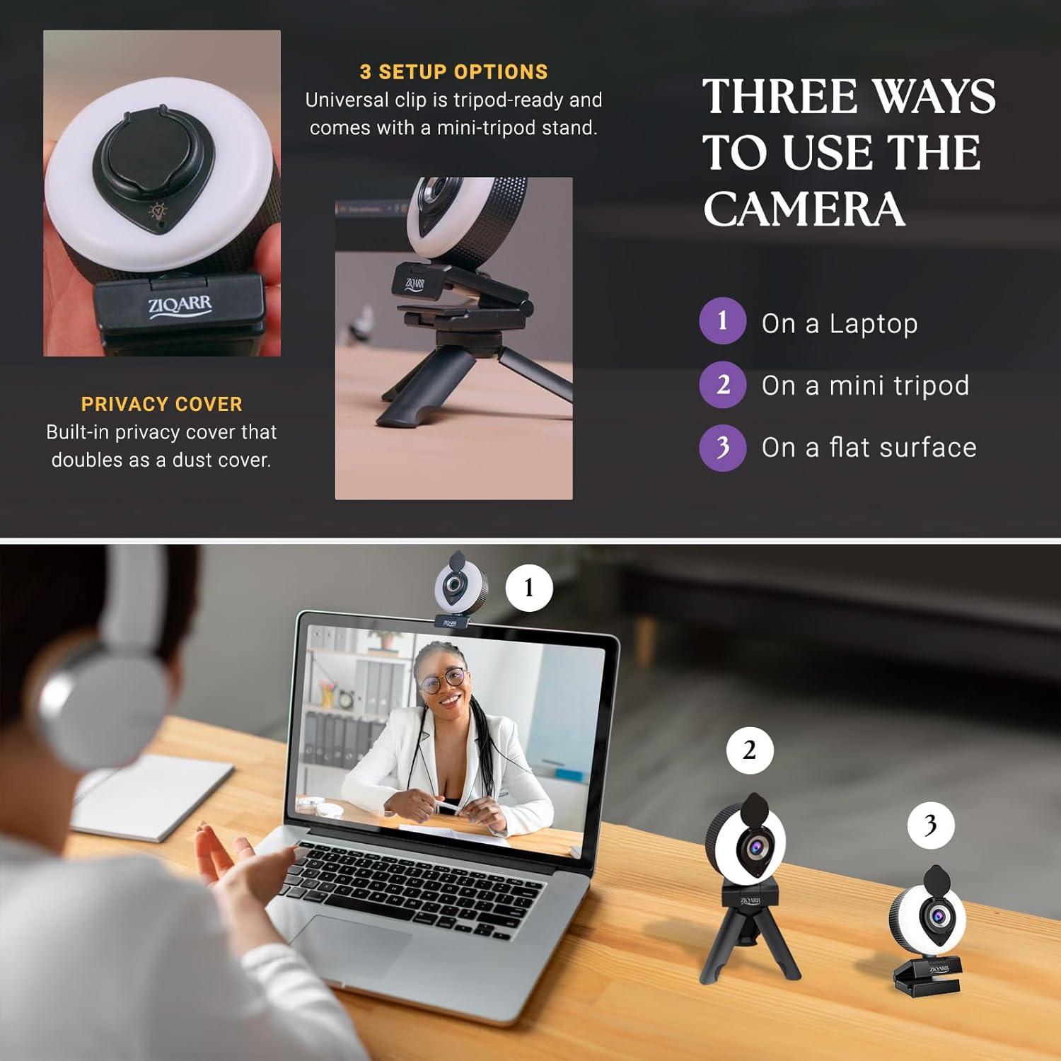 Cámara Web FHD 1080p Ziqarr con Luz y Micrófono Integrado