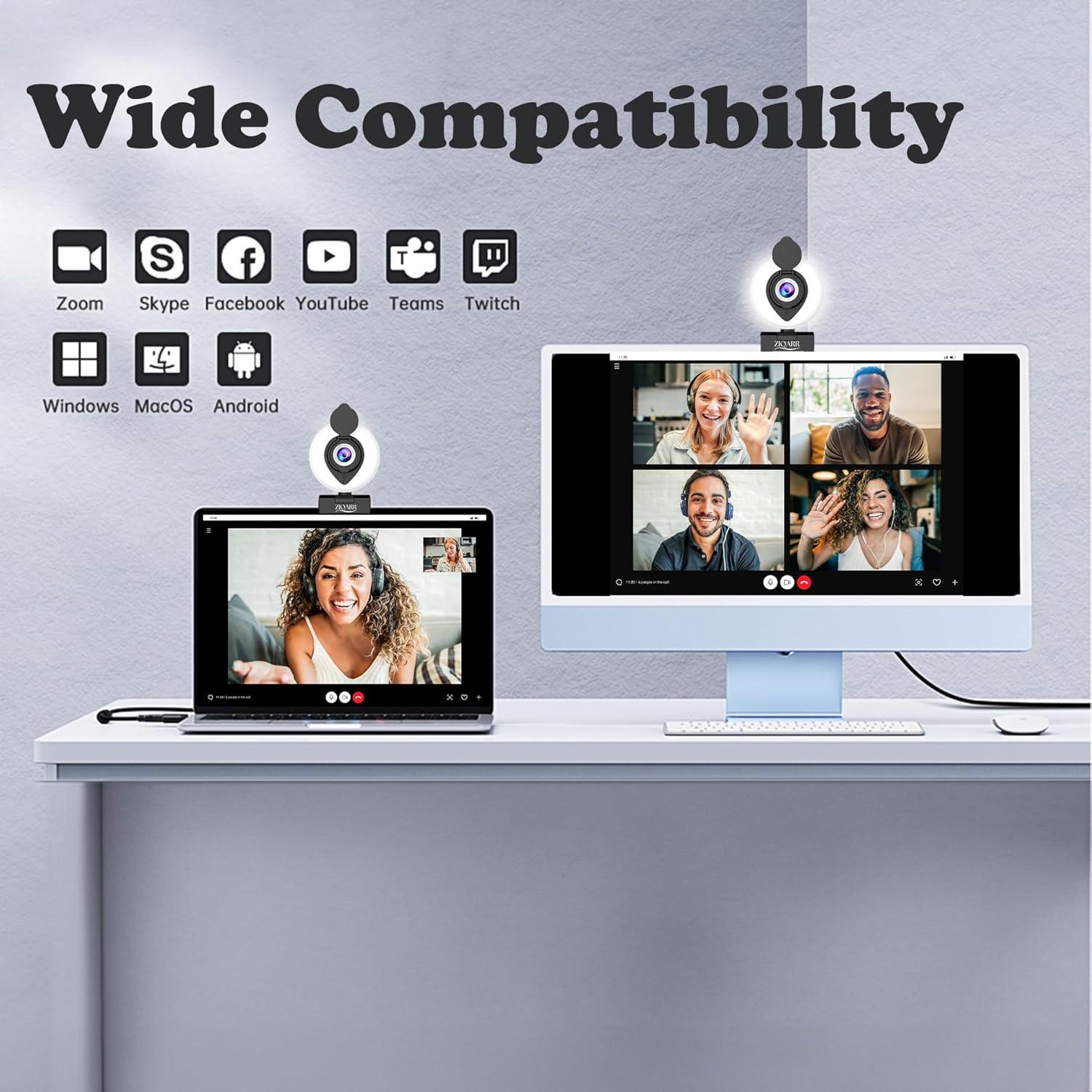 Cámara Web FHD 1080p Ziqarr con Luz y Micrófono Integrado