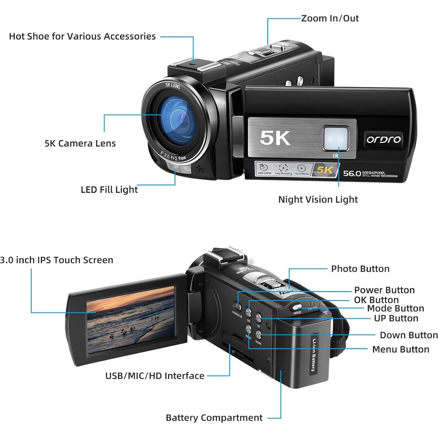 Cámara de Video 5K ORDRO AE20 con Estabilizador y Micrófono