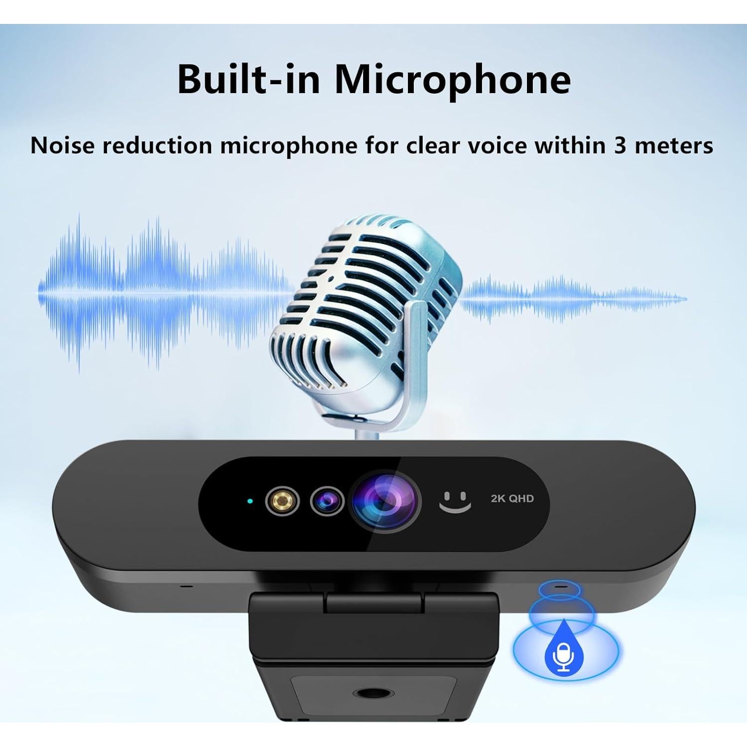 Cámara web 2K QHD MOERTEK con micrófono y cubierta privacidad