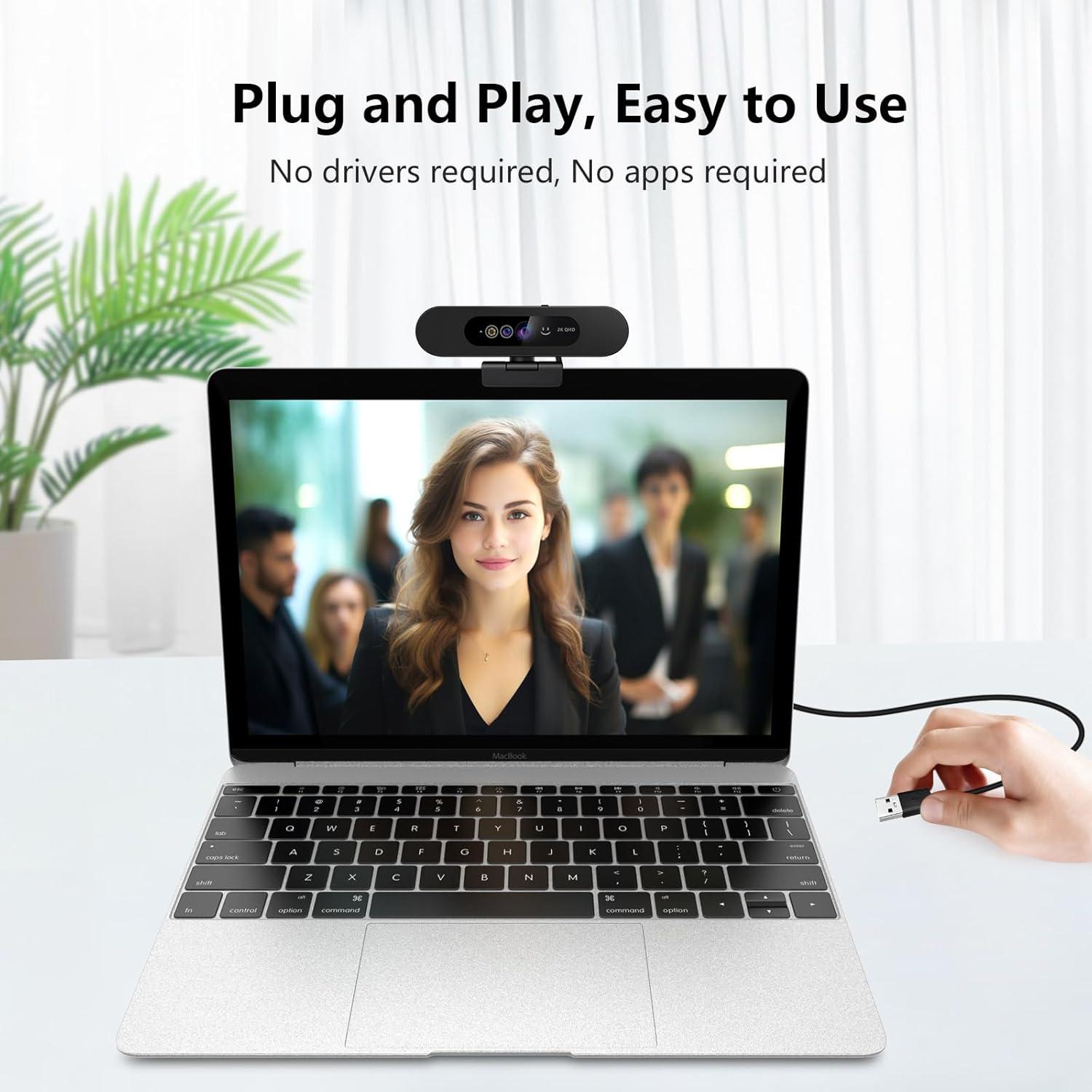 Cámara web 2K QHD MOERTEK con micrófono y cubierta privacidad