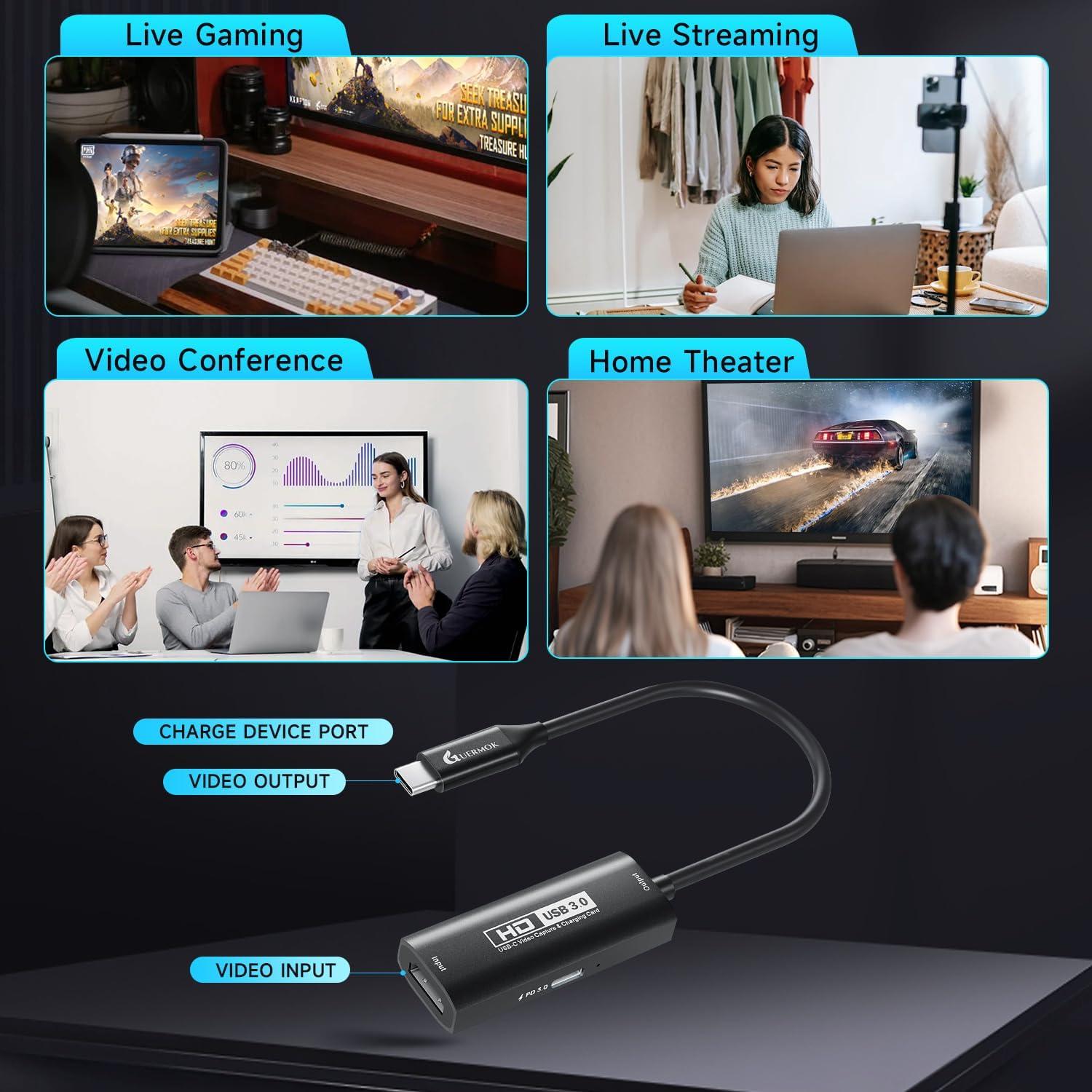 4K USB3.0 Video Capture Card with PD 100W, 2K@30FPS or 1080P@60FPS HDMI to USB-A/C Capture Card for Streaming, Works with iPad Quest 3, Mac OS, Switch2/1 PS5/4, Xbox, Camera, Black