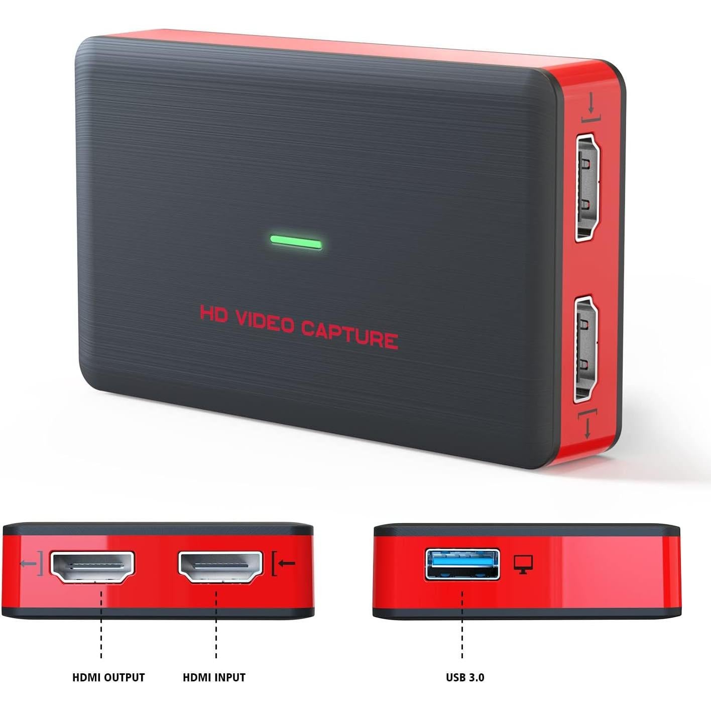 DIGITNOW USB3.0 HDMI Video Capture Card,1080P 60FPS HD Game Recorder Cam Link with HDMI Passthrough Live Streaming Recording Work with Xbox PS5 PS4 Swtich, Red, 3.66*2.16*0.59 in, BR140