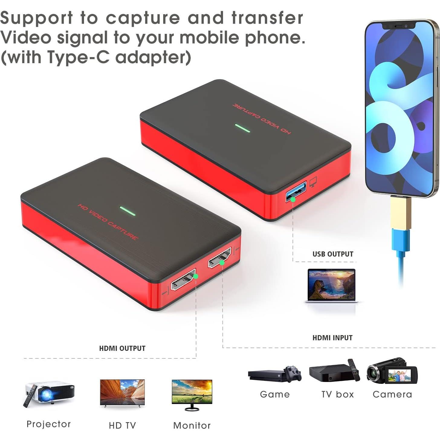DIGITNOW USB3.0 HDMI Video Capture Card,1080P 60FPS HD Game Recorder Cam Link with HDMI Passthrough Live Streaming Recording Work with Xbox PS5 PS4 Swtich, Red, 3.66*2.16*0.59 in, BR140