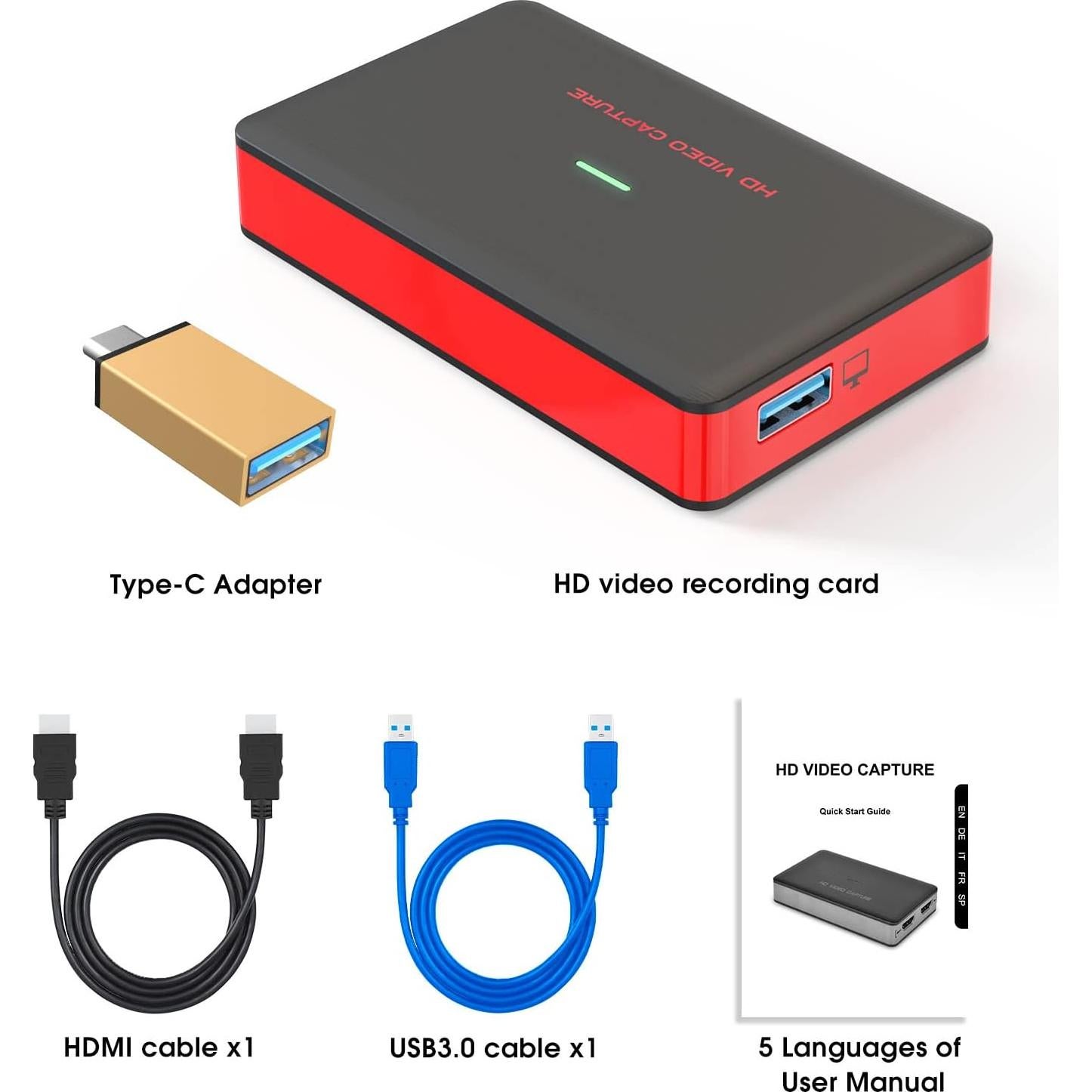 DIGITNOW USB3.0 HDMI Video Capture Card,1080P 60FPS HD Game Recorder Cam Link with HDMI Passthrough Live Streaming Recording Work with Xbox PS5 PS4 Swtich, Red, 3.66*2.16*0.59 in, BR140