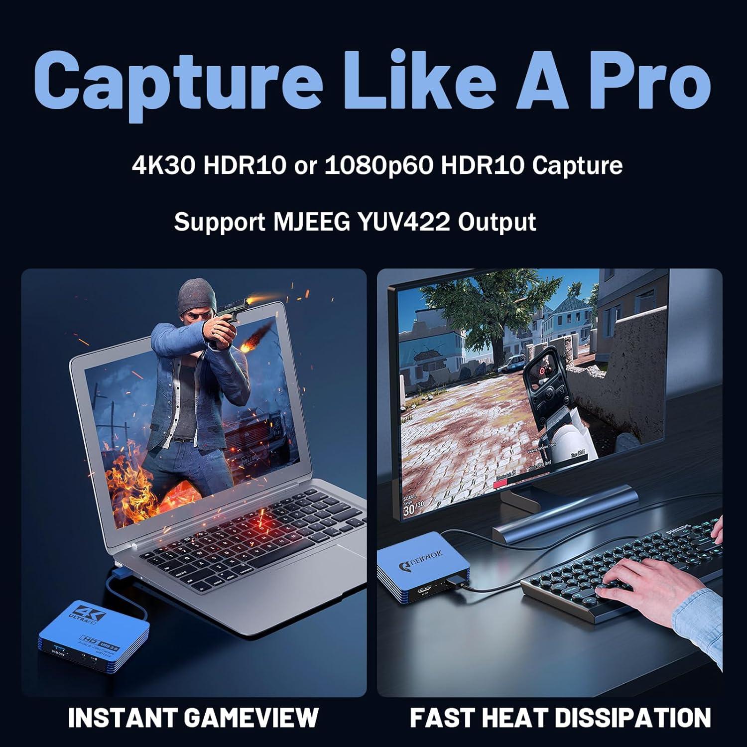 4K Video Capture Card for Streaming, USB 3.0 HDMI to USB-C/A, 4K30Hz Passthrough 1080P60 Capture Device, HDMI Video Capture Card for Switch 2/1, Tablet, MacOS, Windows, Laptop, Camera