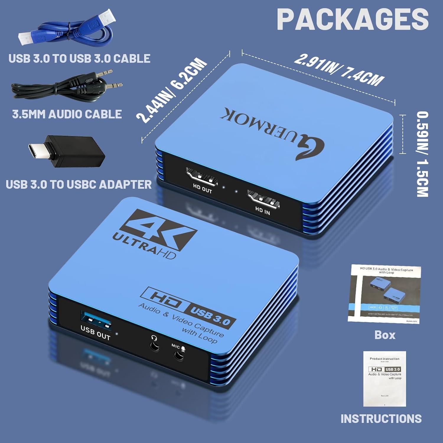 4K Video Capture Card for Streaming, USB 3.0 HDMI to USB-C/A, 4K30Hz Passthrough 1080P60 Capture Device, HDMI Video Capture Card for Switch 2/1, Tablet, MacOS, Windows, Laptop, Camera