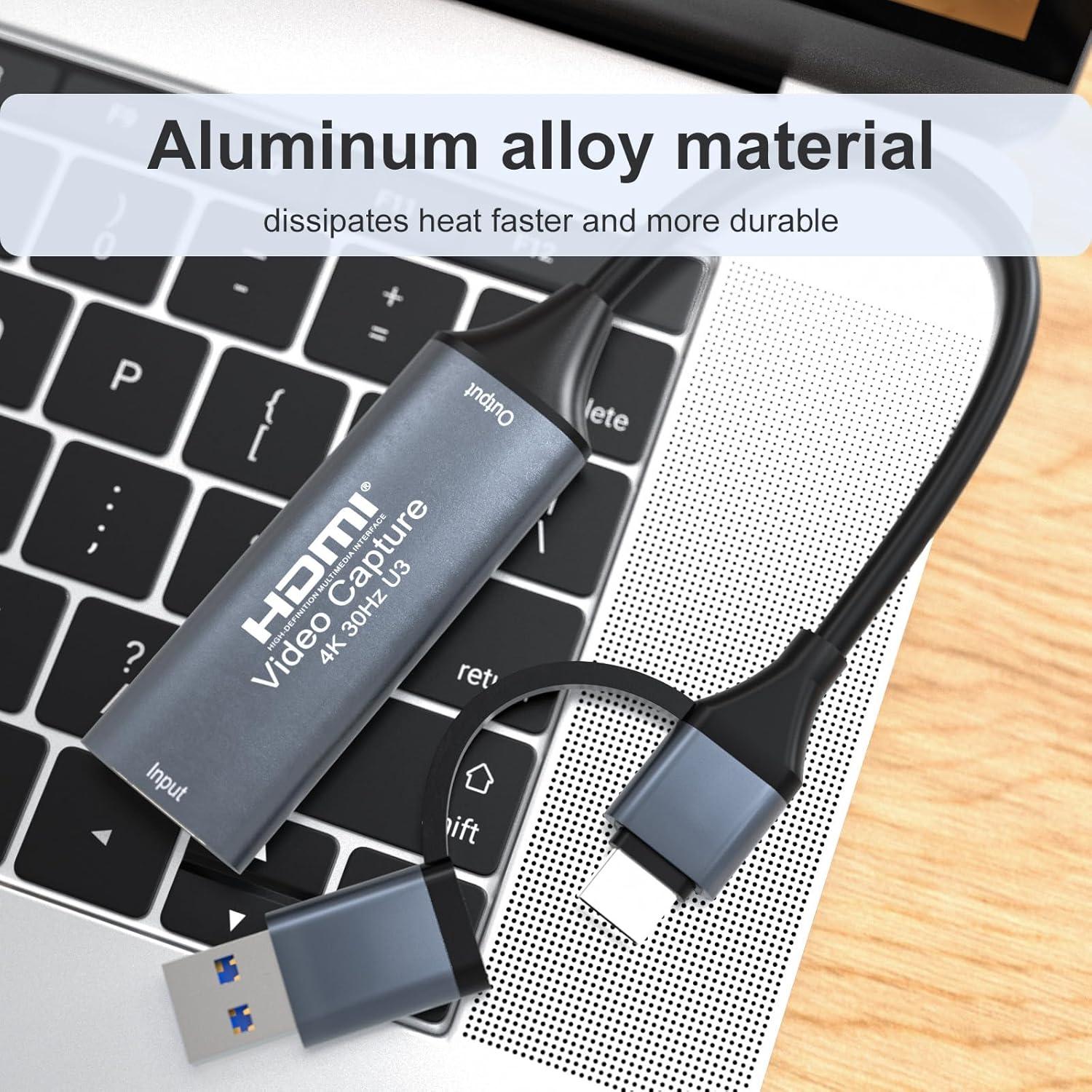 4K 30FPS HDMI Video Capture Card,Video Recording Card HDMI USB 3.0 with Type-C for Gaming Live Streaming TV Recorder, for Windows Android Mac OS System VLC,OBS,Amcap,PS5,Switch,Xbox