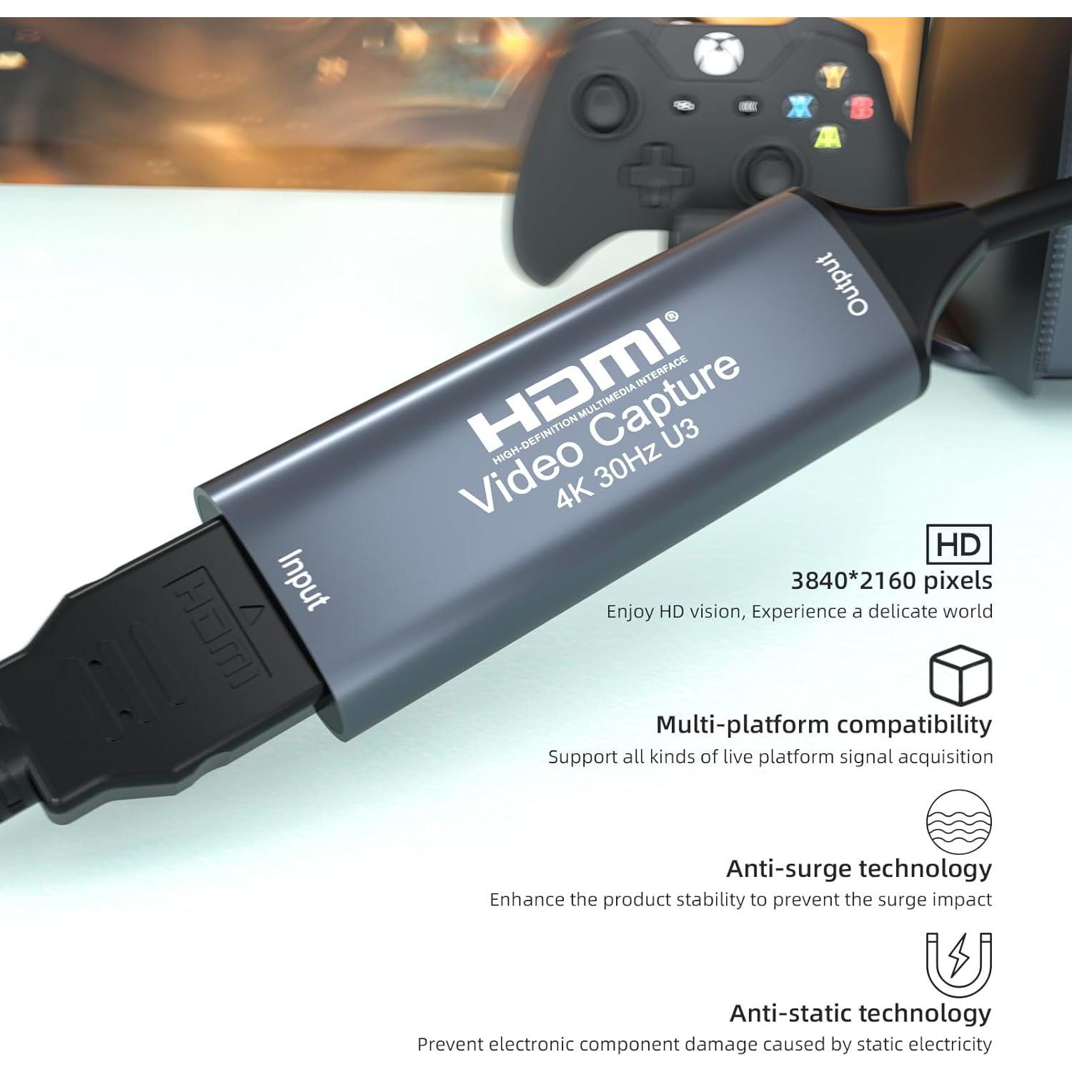 4K 30FPS HDMI Video Capture Card,Video Recording Card HDMI USB 3.0 with Type-C for Gaming Live Streaming TV Recorder, for Windows Android Mac OS System VLC,OBS,Amcap,PS5,Switch,Xbox