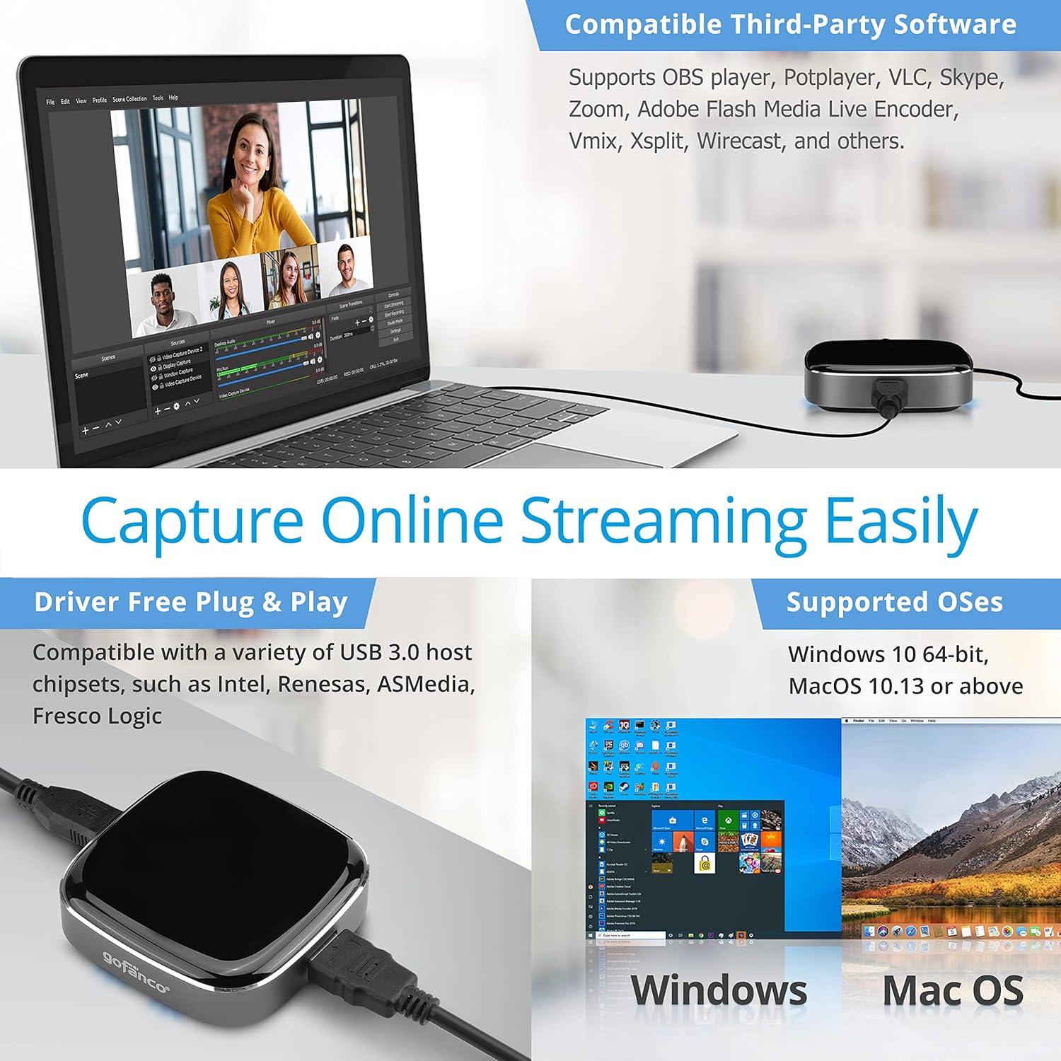 gofanco USB 3.0 HDMI Video Capture Device – Capture, Stream, Share Gameplay, Game Capture, up to 4K @30Hz and 1080p @120Hz, Low Latency for Xbox, PS, Nintendo Game Consoles (CaptureHD4K)