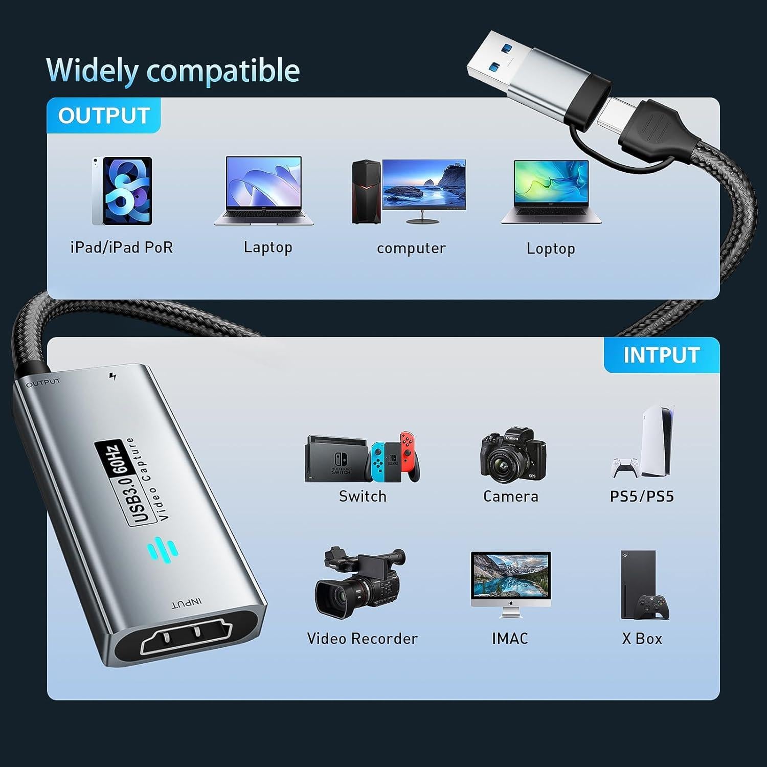 USB 3.0 Video Capture Card, HDMI to USB-A/C Capture Card with pd, 1440P 30fps & 1080P 60fps Video Capture, for Streaming, Teaching,Gaming, Video conferencing or Live Broadcasting