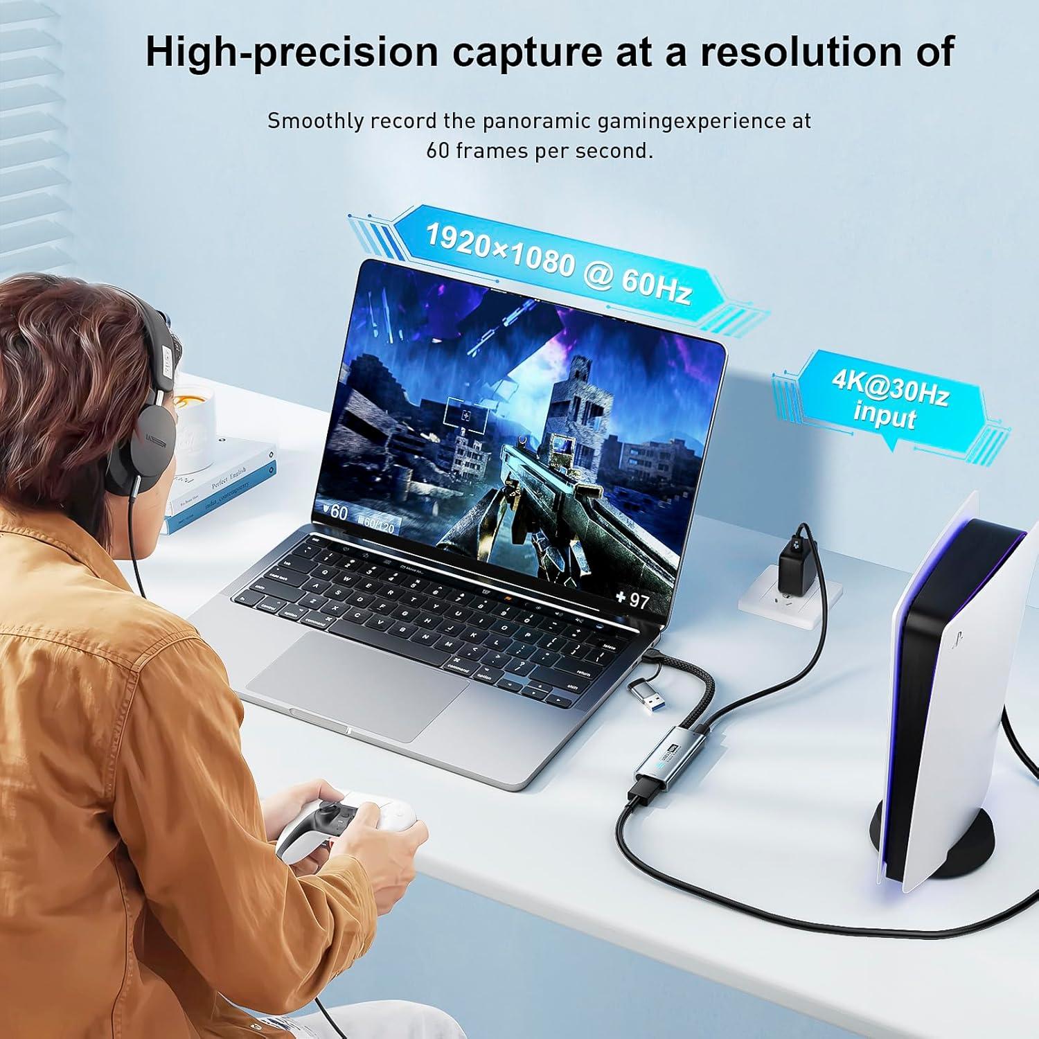 USB 3.0 Video Capture Card, HDMI to USB-A/C Capture Card with pd, 1440P 30fps & 1080P 60fps Video Capture, for Streaming, Teaching,Gaming, Video conferencing or Live Broadcasting