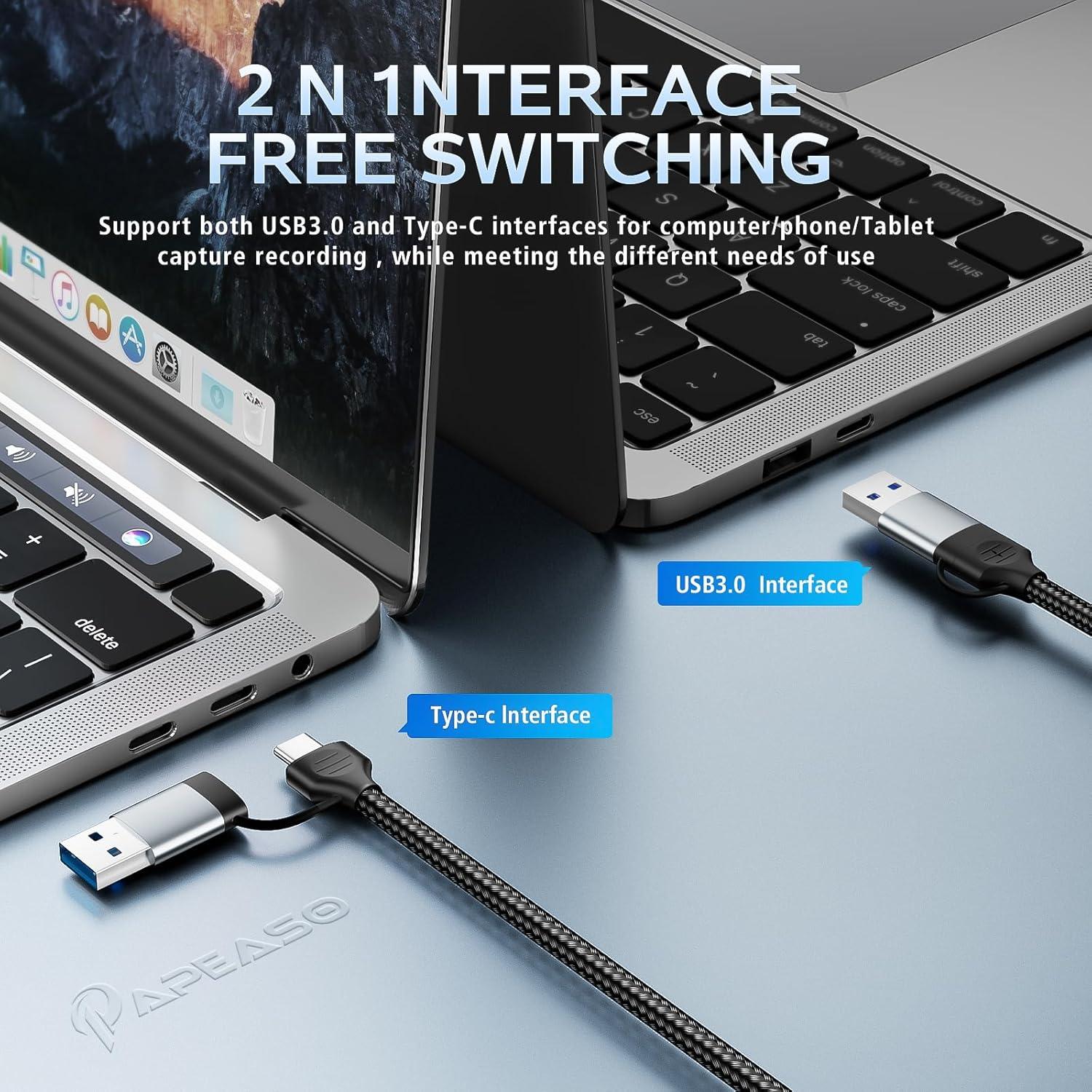 USB 3.0 Video Capture Card, HDMI to USB-A/C Capture Card with pd, 1440P 30fps & 1080P 60fps Video Capture, for Streaming, Teaching,Gaming, Video conferencing or Live Broadcasting