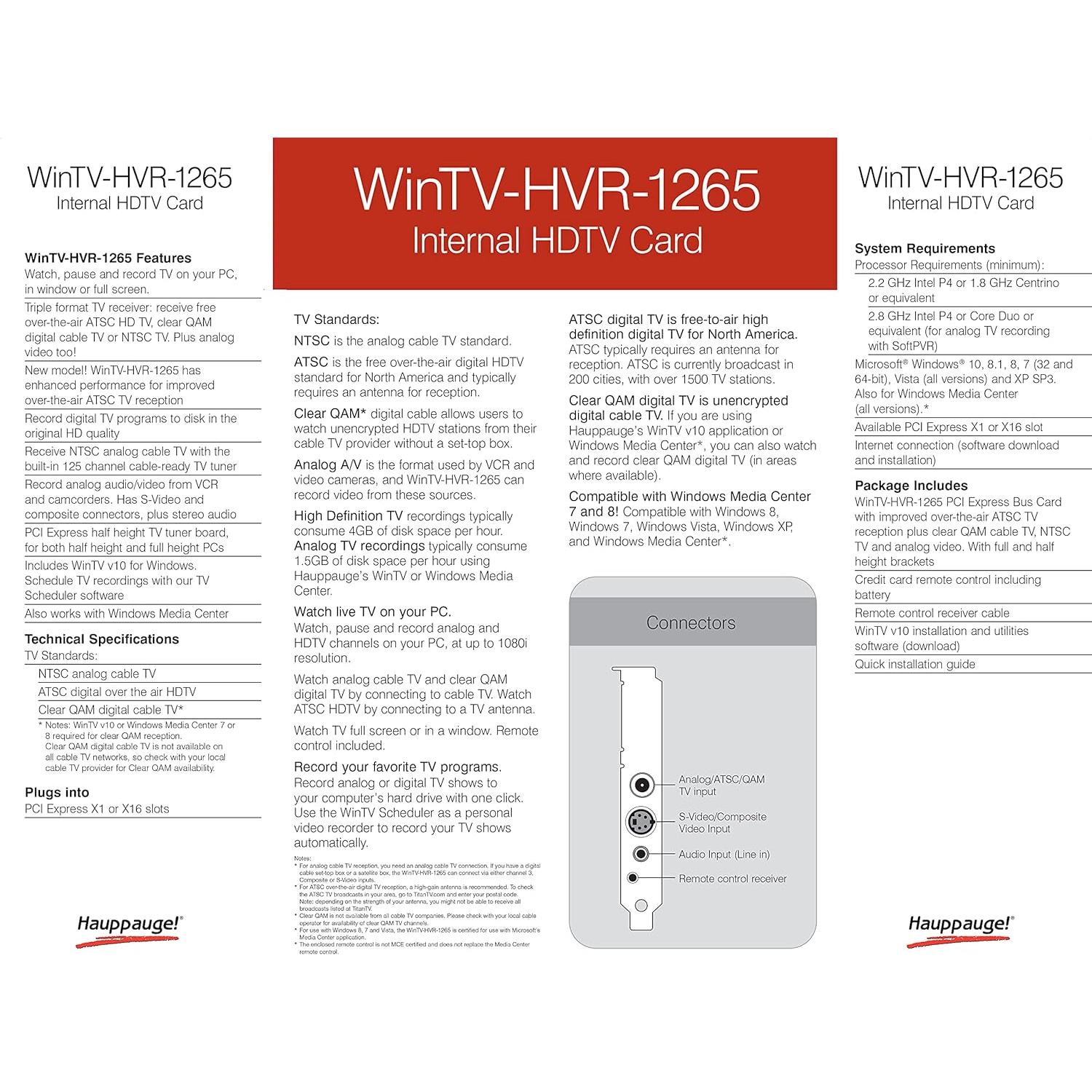 Hauppauge 1196 WinTV HVR-1265 PCI Express Hybrid High Definition TV Tuner Card