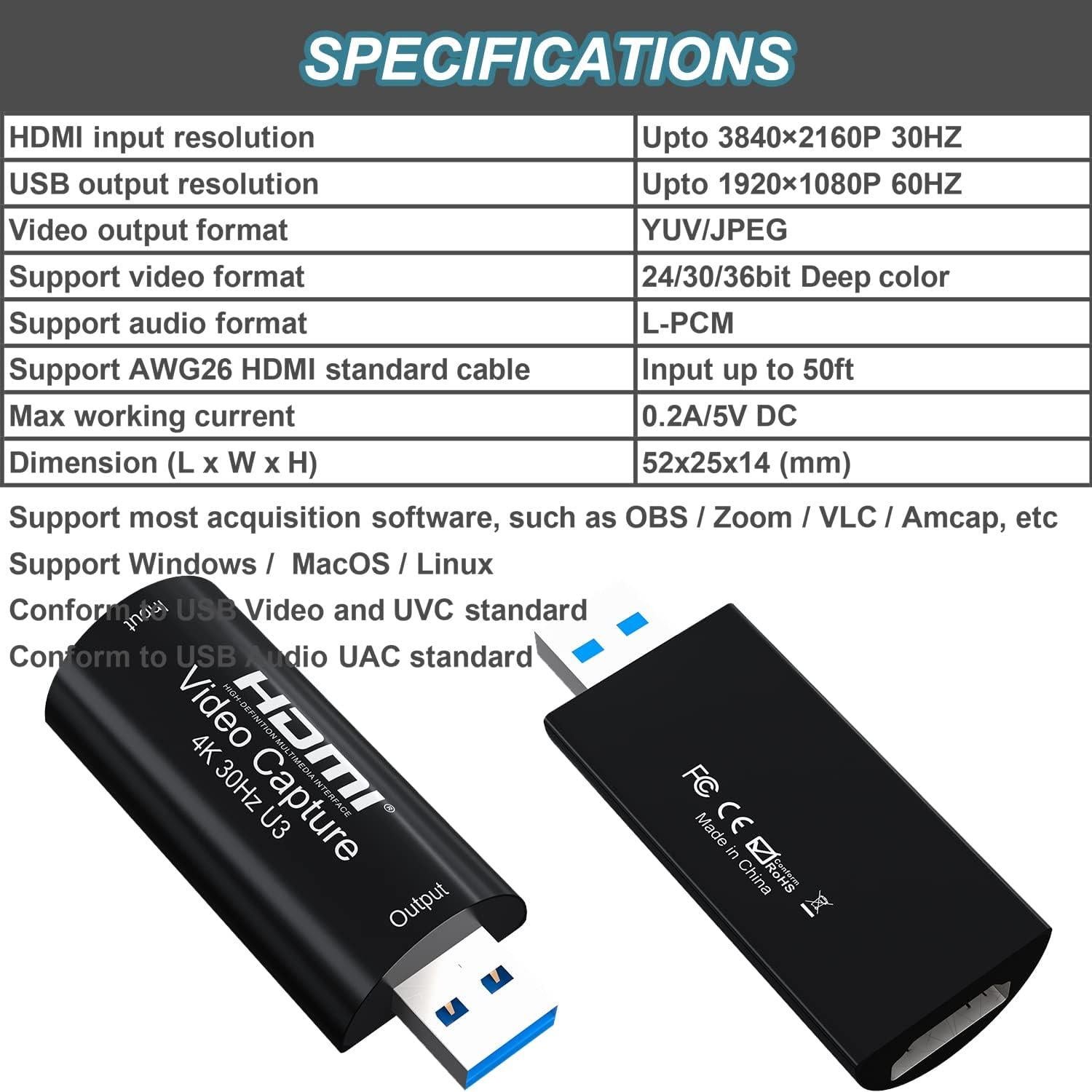 4K HDMI to USB 3.0 Video Capture Card 1080P 60FPS Cam Link Card Game Capture Card Adapter Screen Record Capture Device for Streaming, Gaming, Video Conference, Teaching, Live Broadcasting