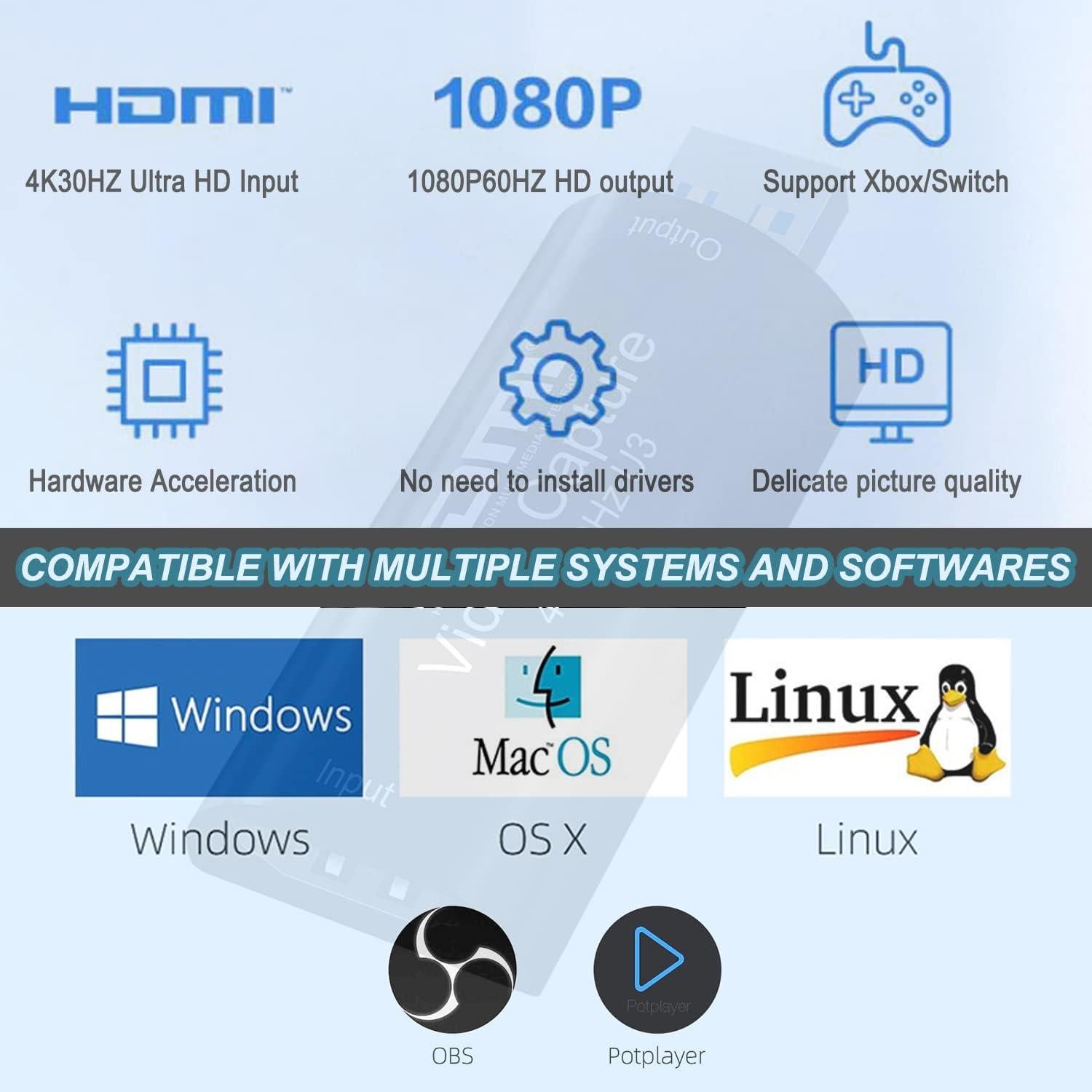 4K HDMI to USB 3.0 Video Capture Card 1080P 60FPS Cam Link Card Game Capture Card Adapter Screen Record Capture Device for Streaming, Gaming, Video Conference, Teaching, Live Broadcasting