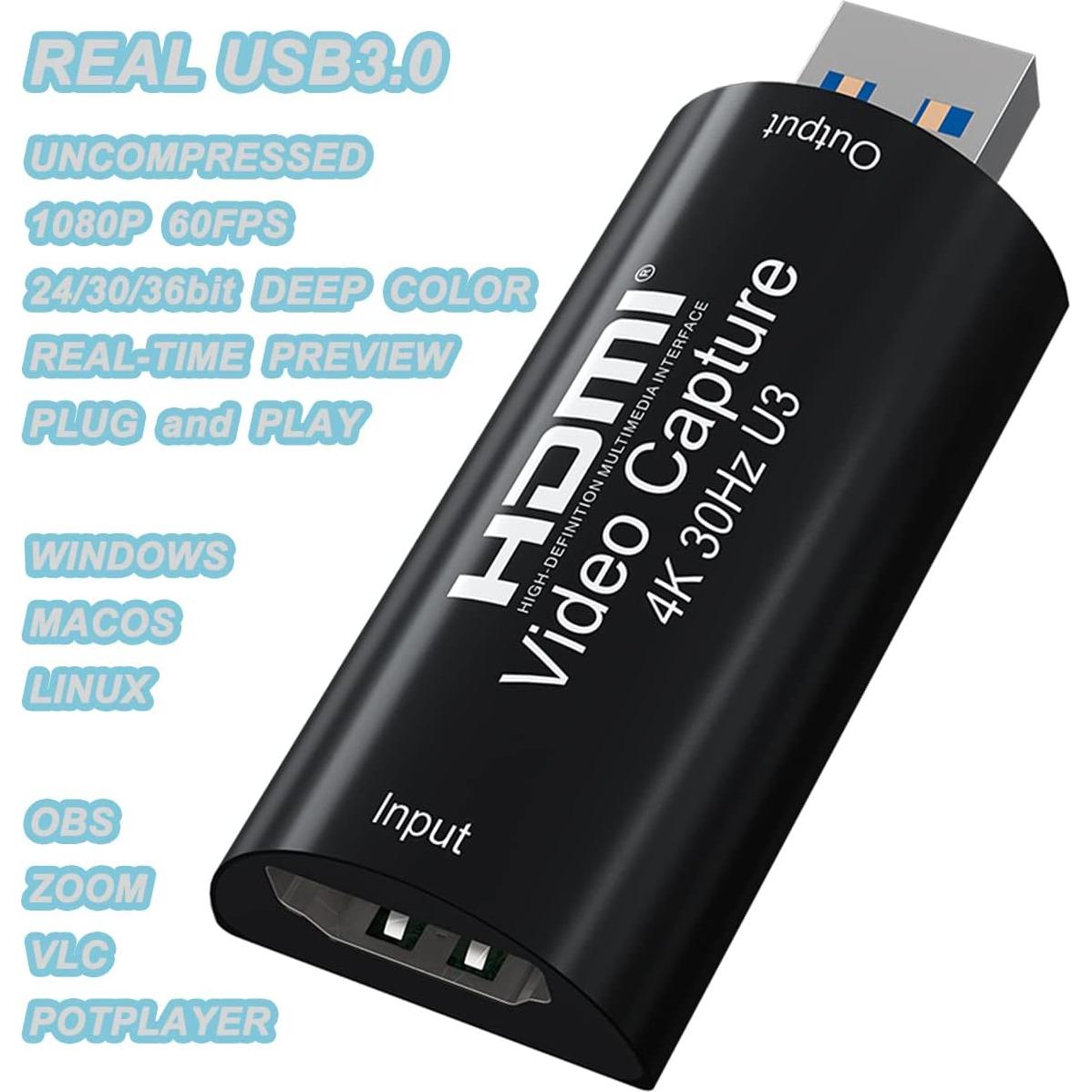 4K HDMI to USB 3.0 Video Capture Card 1080P 60FPS Cam Link Card Game Capture Card Adapter Screen Record Capture Device for Streaming, Gaming, Video Conference, Teaching, Live Broadcasting