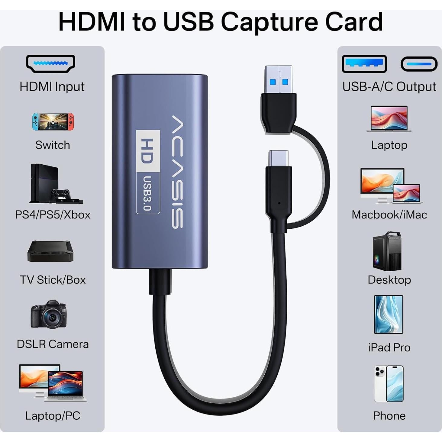 4K HDMI Capture Card, ACASIS USB 3.0 Capture Card 4K HDMI to USB-A/C 1080P 60FPS, Game Video Capture Card for Live Streaming/Gaming/Meeting, for Windows/Mac OS System, Switch PS4/5 Xbox OBS Zoom