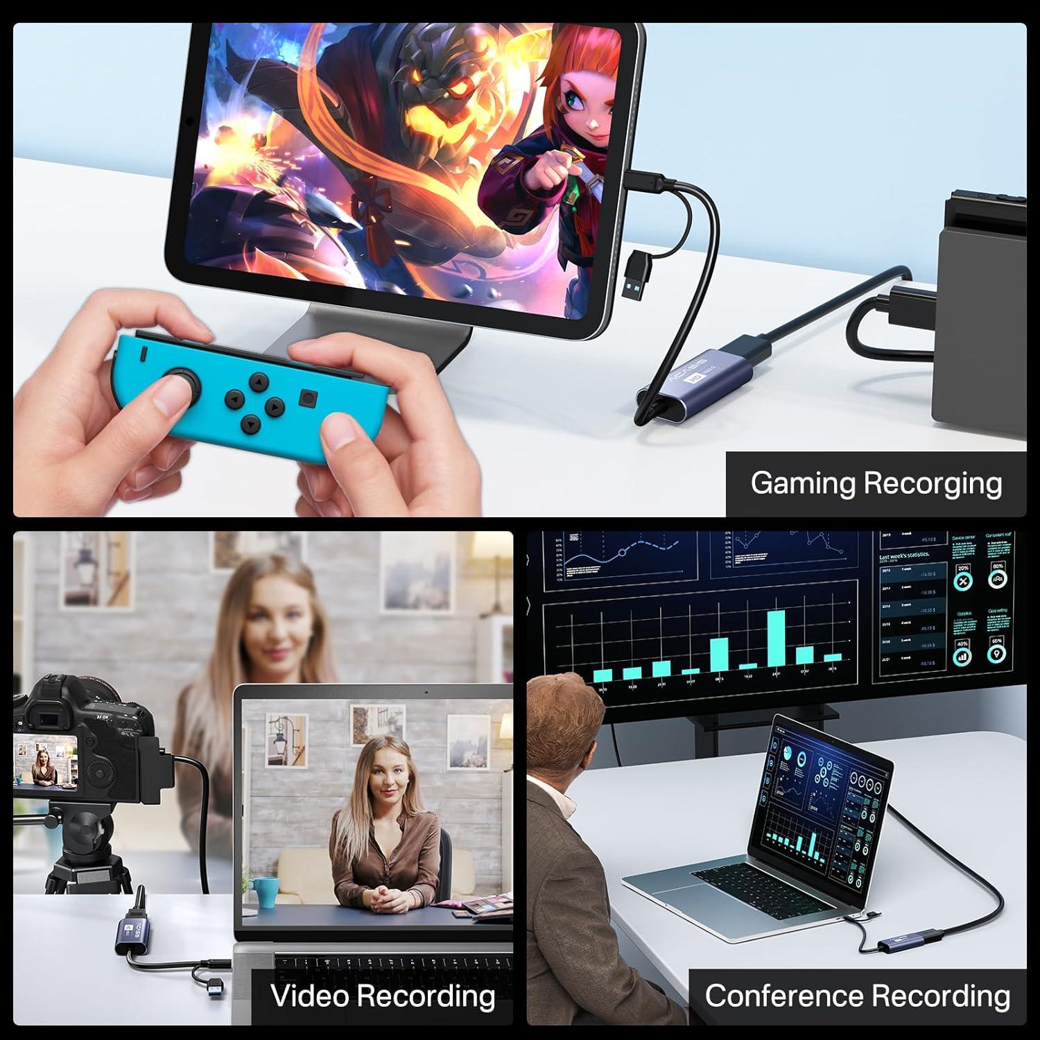 4K HDMI Capture Card, ACASIS USB 3.0 Capture Card 4K HDMI to USB-A/C 1080P 60FPS, Game Video Capture Card for Live Streaming/Gaming/Meeting, for Windows/Mac OS System, Switch PS4/5 Xbox OBS Zoom