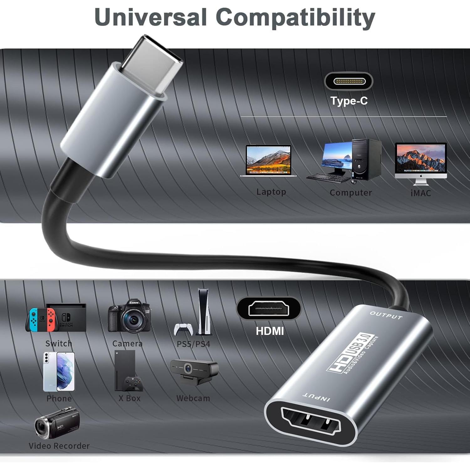 Video Capture Card,USB C 3.0 Capture Card,HDMI to USB C Audio Video Recording in 1080P@60Hz, 2K@30Hz for Teaching,Broadcasting,Gaming,Streaming,Video Conference