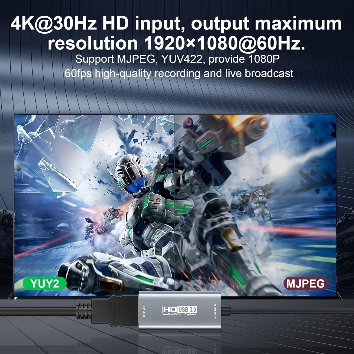 Video Capture Card,USB C 3.0 Capture Card,HDMI to USB C Audio Video Recording in 1080P@60Hz, 2K@30Hz for Teaching,Broadcasting,Gaming,Streaming,Video Conference