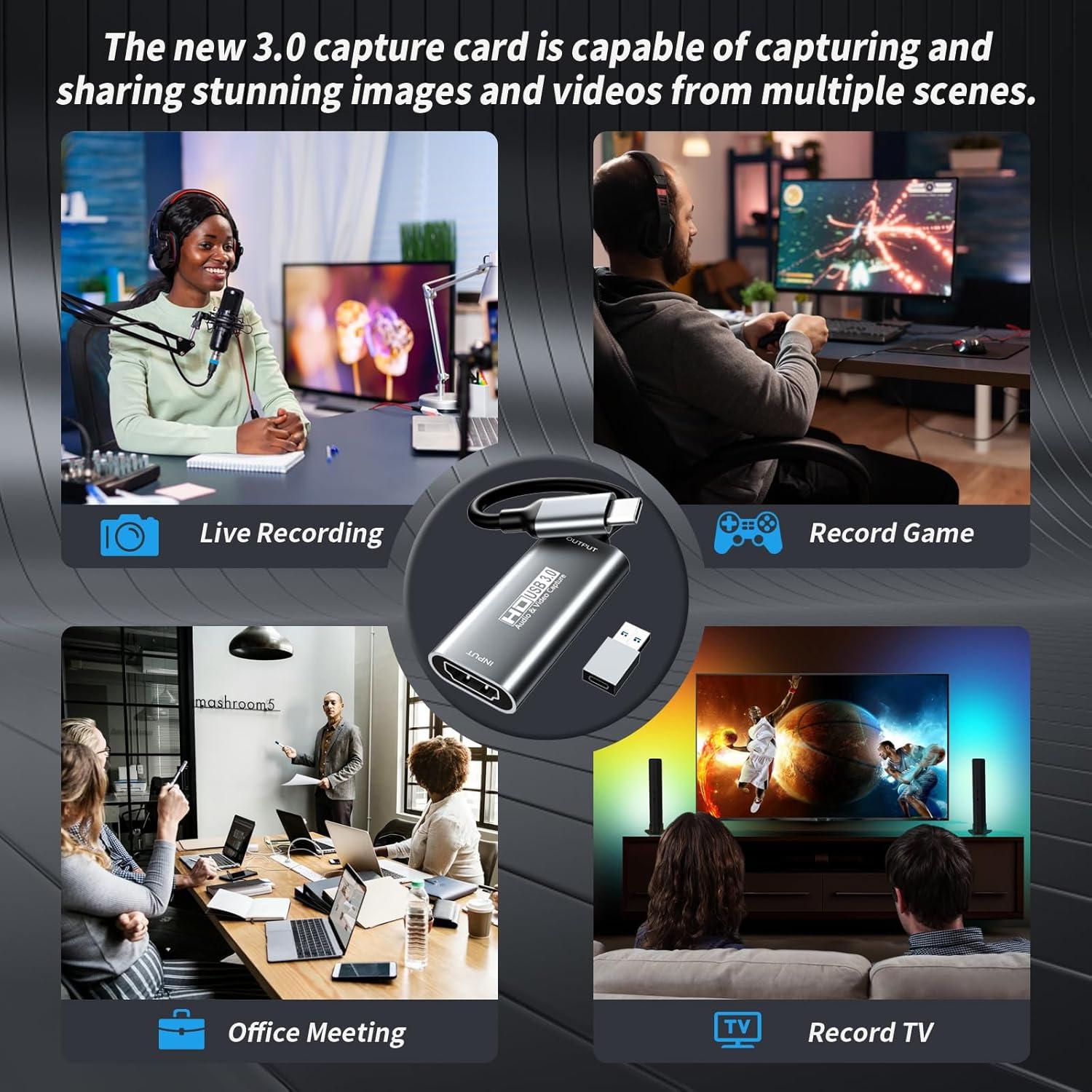 Video Capture Card,USB C 3.0 Capture Card,HDMI to USB C Audio Video Recording in 1080P@60Hz, 2K@30Hz for Teaching,Broadcasting,Gaming,Streaming,Video Conference