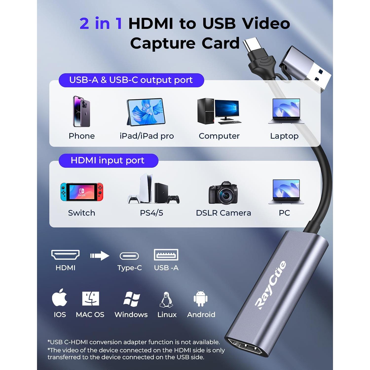 Tarjeta de Captura HDMI 4K RayCue USB-C 1080P para Juegos