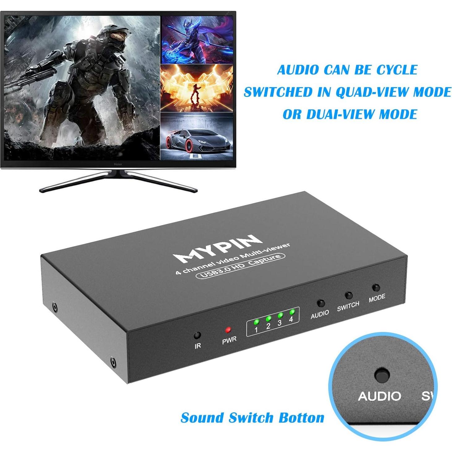 MYPIN USB3.0 HDMI Video Capture Card, 4-Channel 1080P@60fps HDMI Game Caputre for Multi-Channel Live Streaming with Loop Out for Xbox One/ PS4/ Wii U/Nintendo Switch