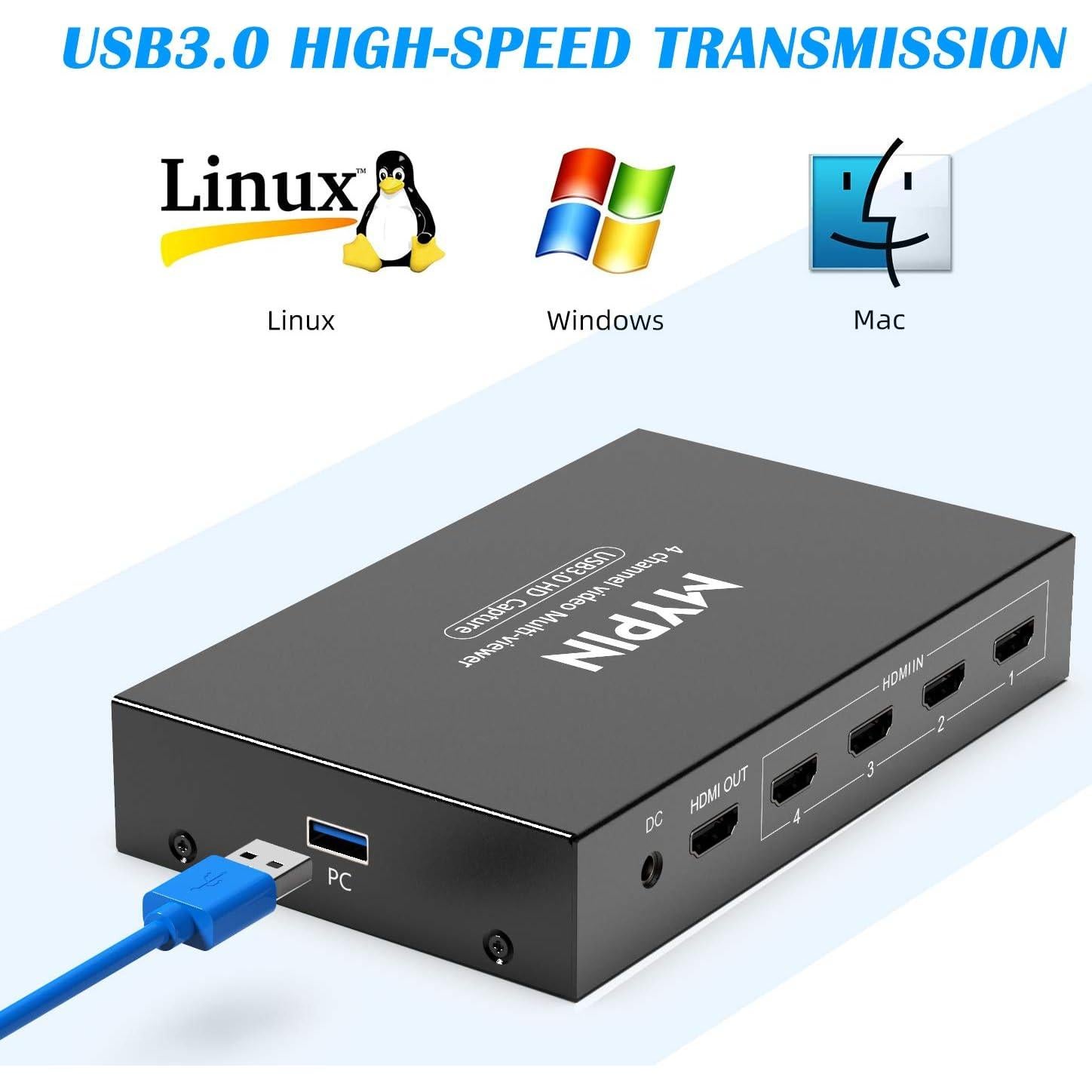 MYPIN USB3.0 HDMI Video Capture Card, 4-Channel 1080P@60fps HDMI Game Caputre for Multi-Channel Live Streaming with Loop Out for Xbox One/ PS4/ Wii U/Nintendo Switch