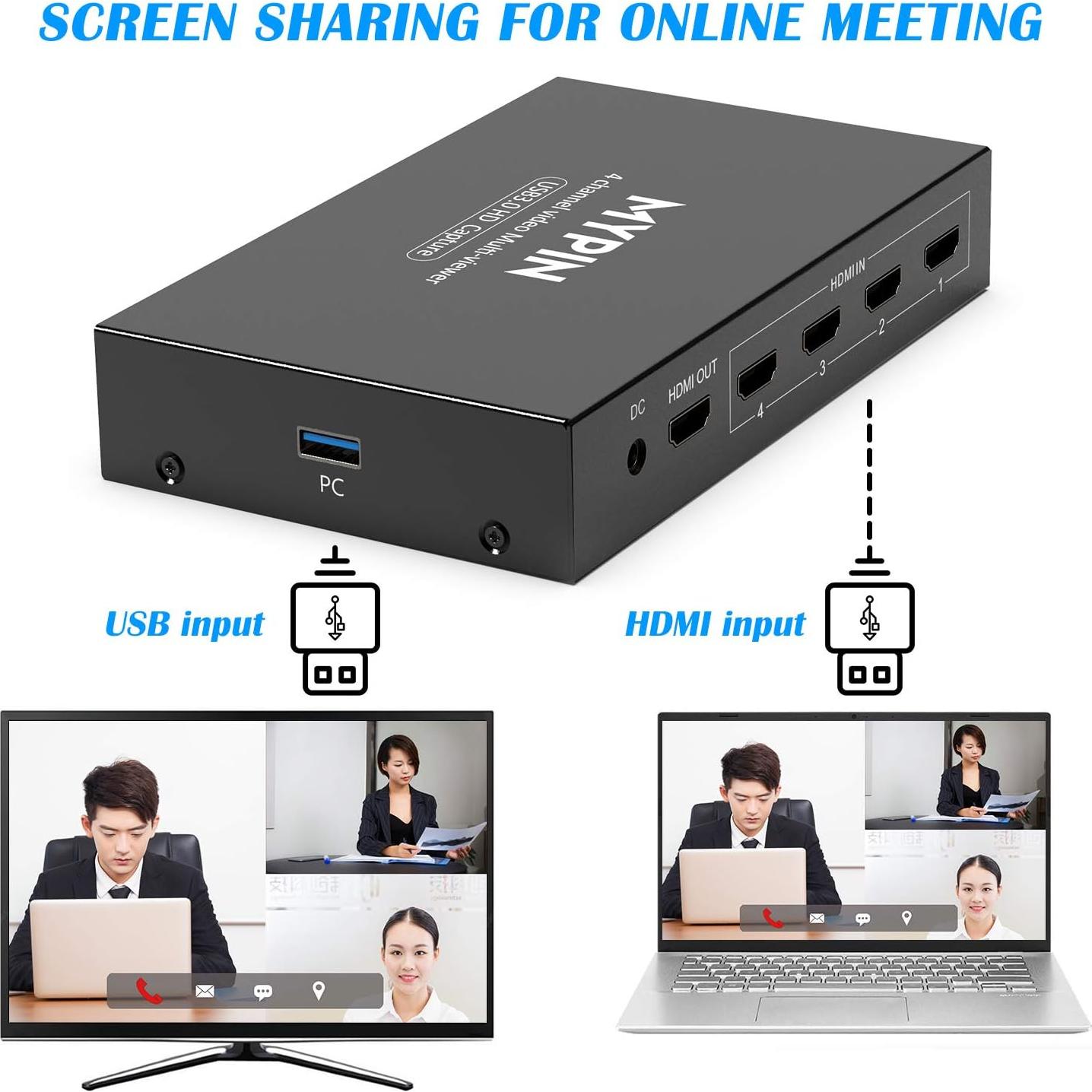 MYPIN USB3.0 HDMI Video Capture Card, 4-Channel 1080P@60fps HDMI Game Caputre for Multi-Channel Live Streaming with Loop Out for Xbox One/ PS4/ Wii U/Nintendo Switch