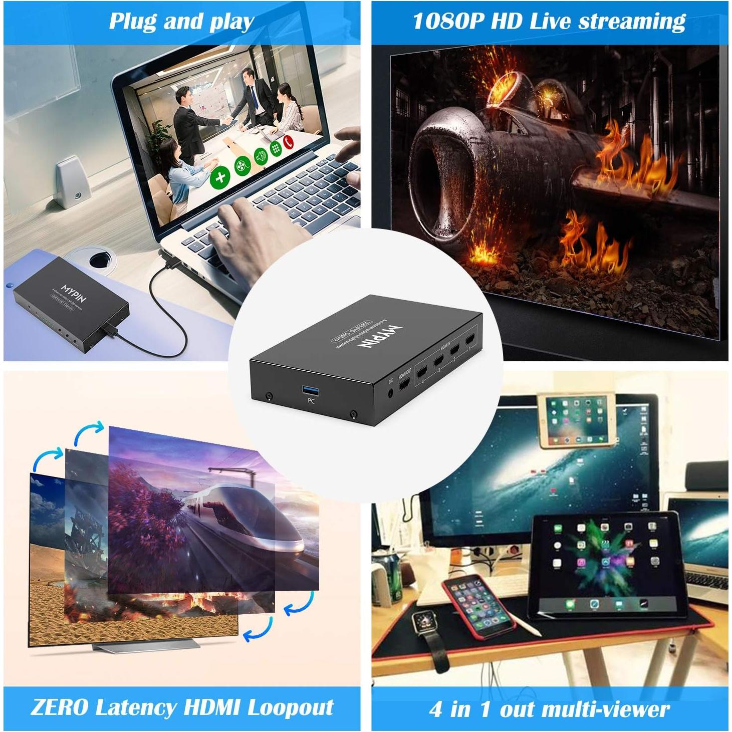 MYPIN USB3.0 HDMI Video Capture Card, 4-Channel 1080P@60fps HDMI Game Caputre for Multi-Channel Live Streaming with Loop Out for Xbox One/ PS4/ Wii U/Nintendo Switch