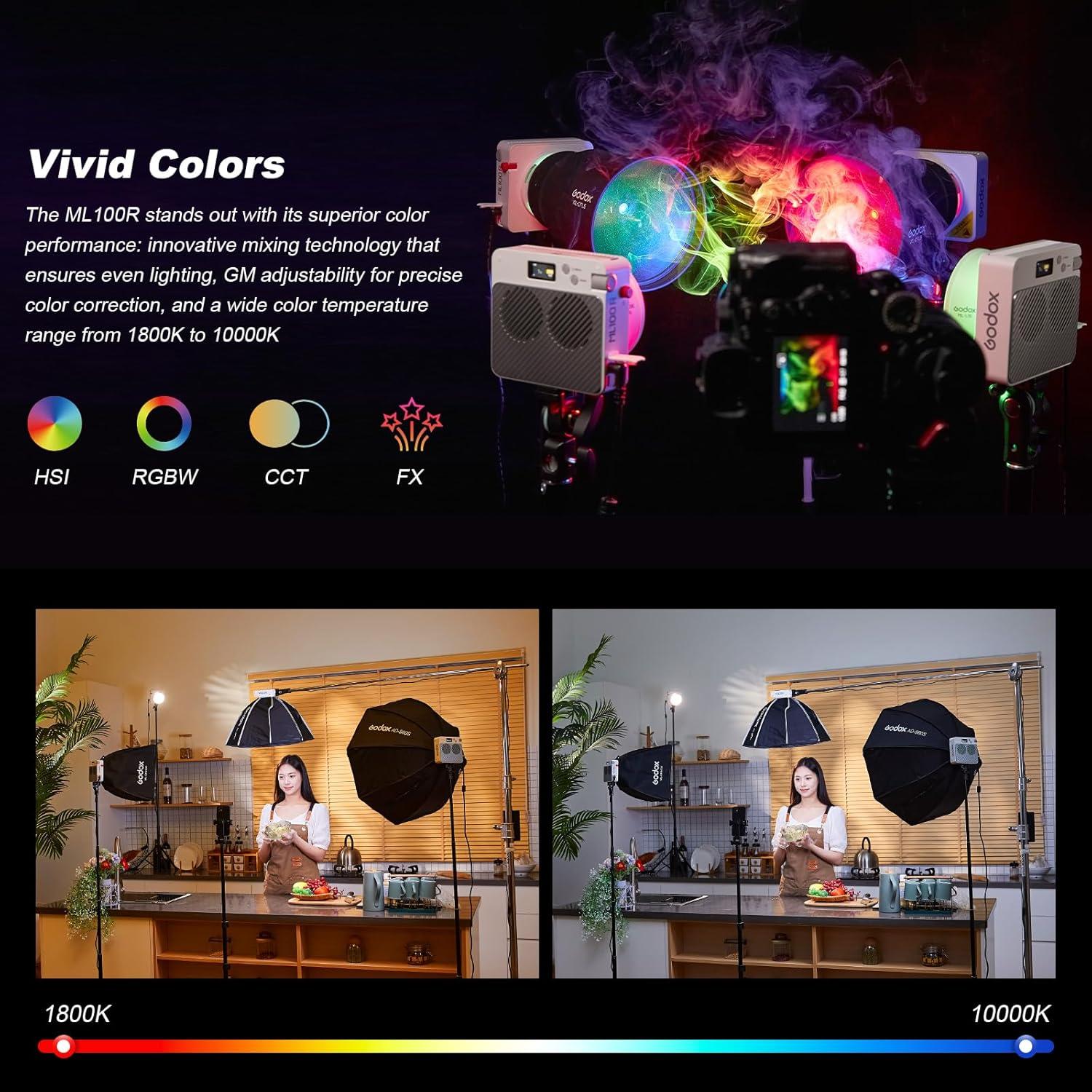 Godox ML100R Luz de Video RGB 110W 1800K-10000K 14 Modos FX