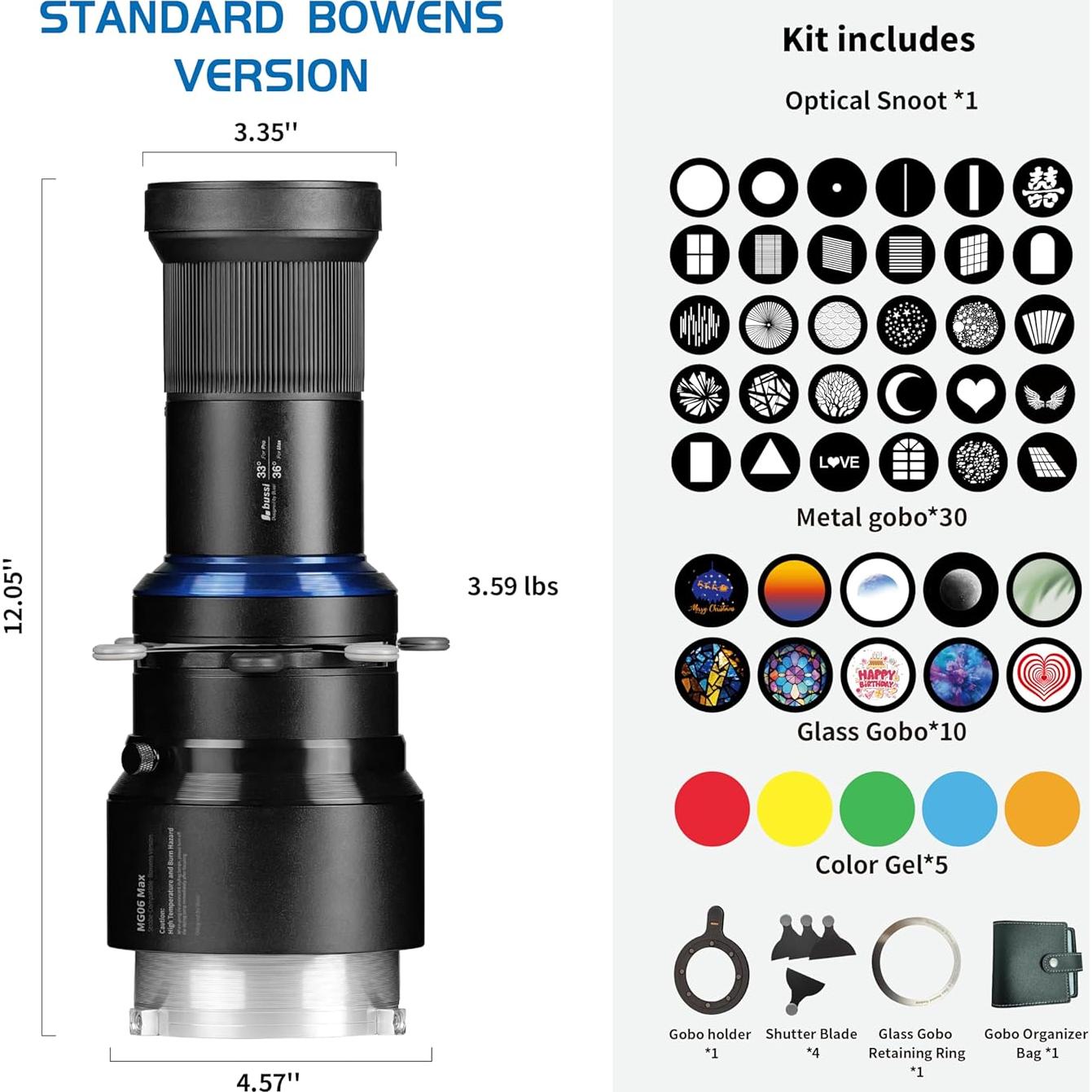 Snoot Óptico Bussi MG06 Max con 40 Gobos y Lente 36°