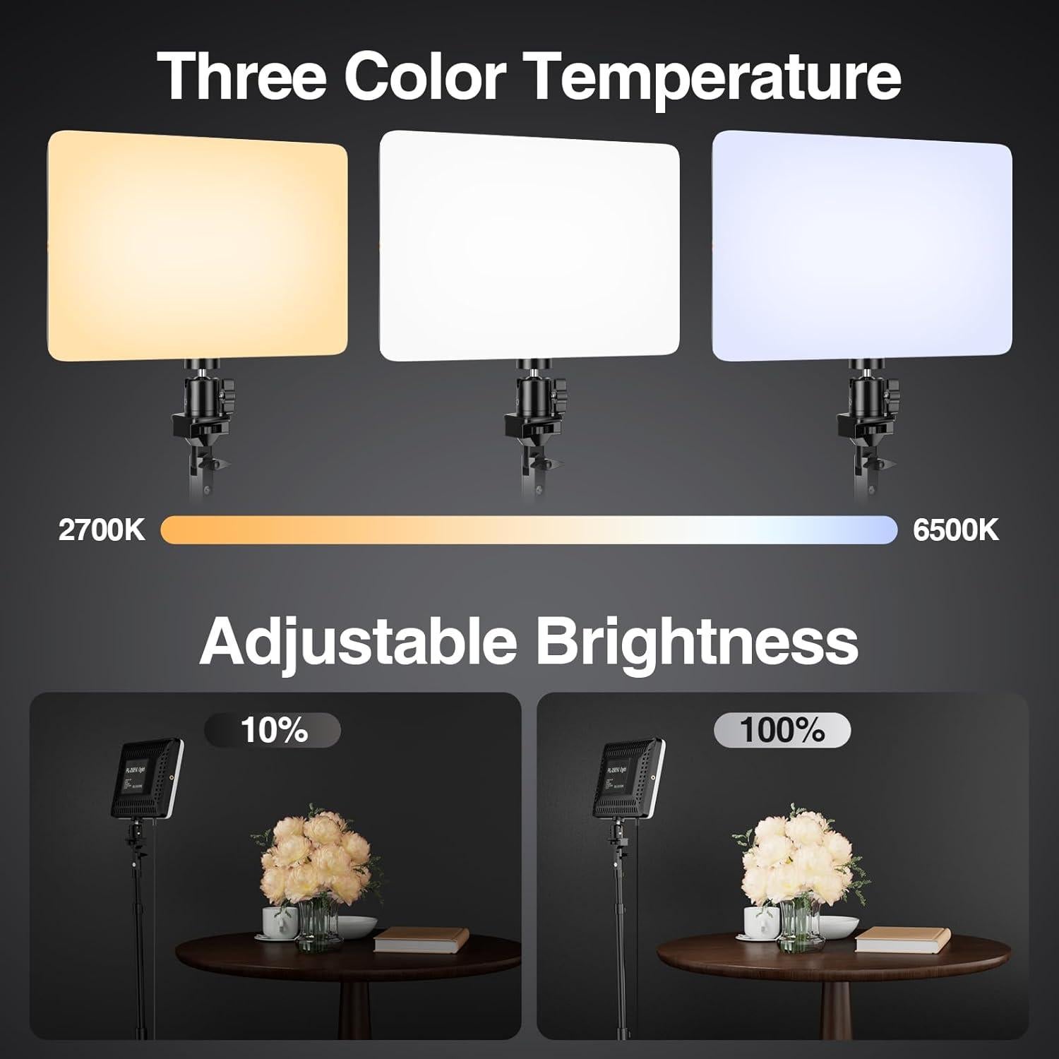 EMART LED Video Light Kit, 2-Pack 2700-6500K & 3 Colors Dimmable Lighting with Tripod Stand & Phone Holder, Filming Panel for Studio Recording, Photography, Streaming