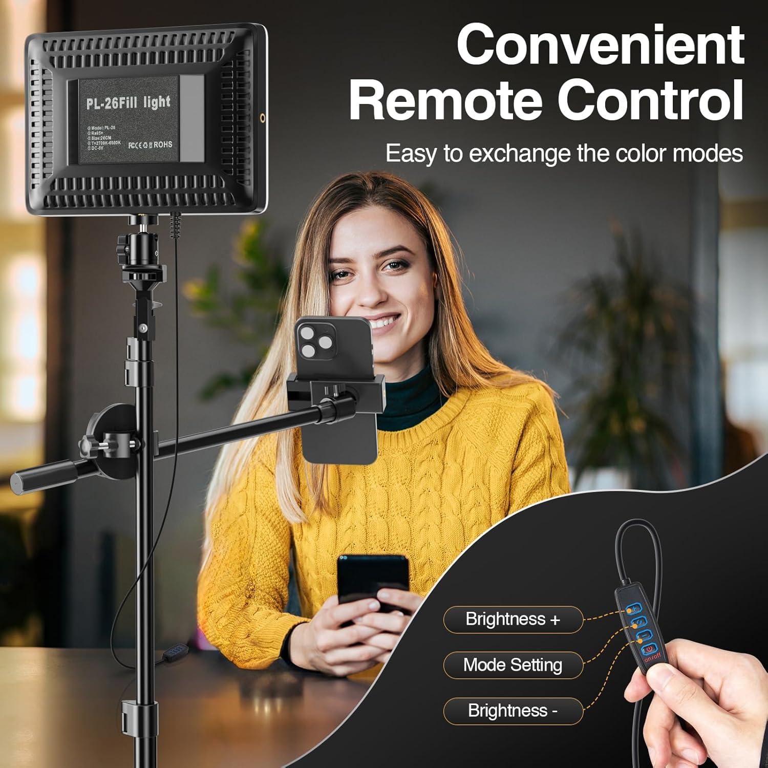 EMART LED Video Light Kit, 2-Pack 2700-6500K & 3 Colors Dimmable Lighting with Tripod Stand & Phone Holder, Filming Panel for Studio Recording, Photography, Streaming