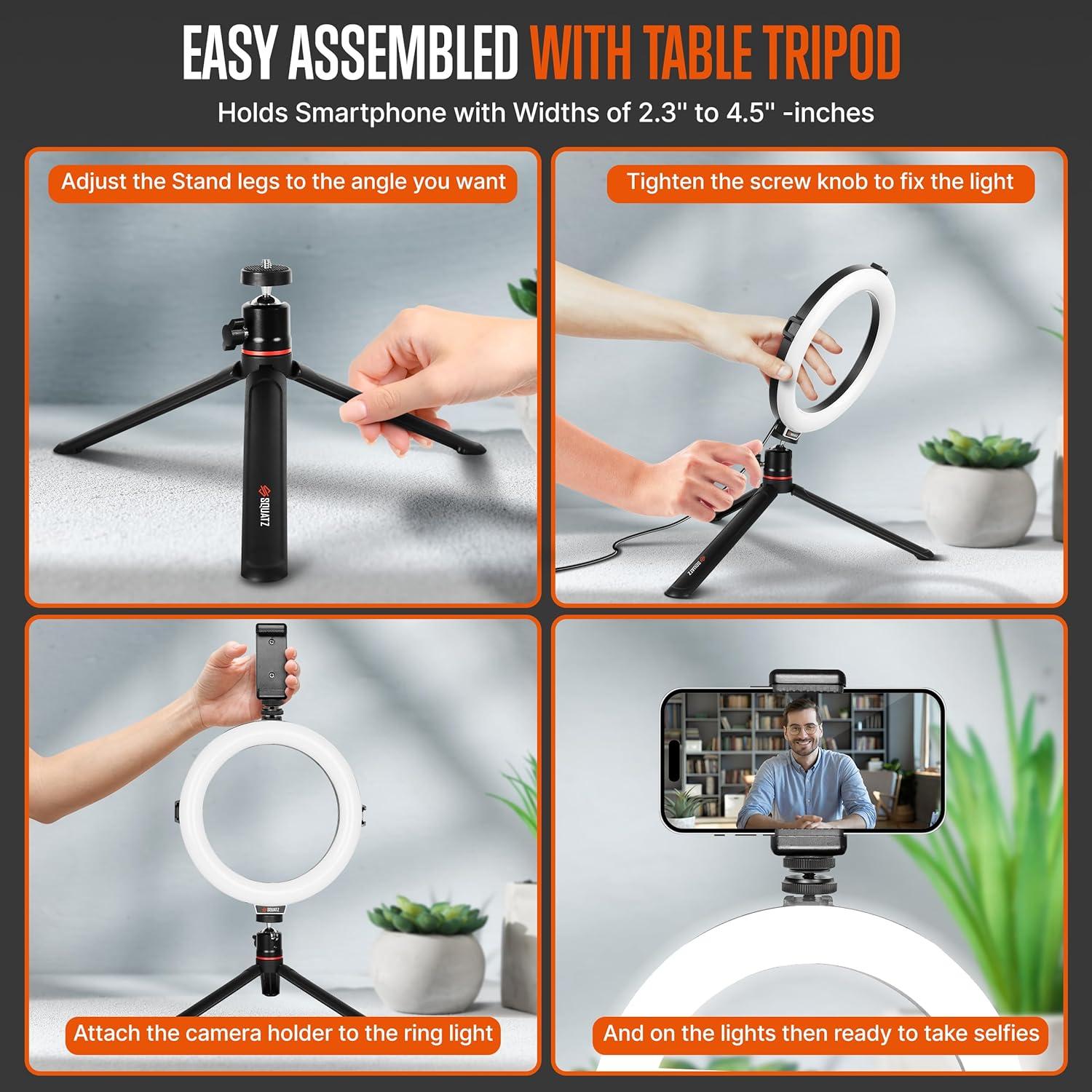 Luz de Anillo LED SQUATZ 20.32 cm con Soporte y Trípode 14W