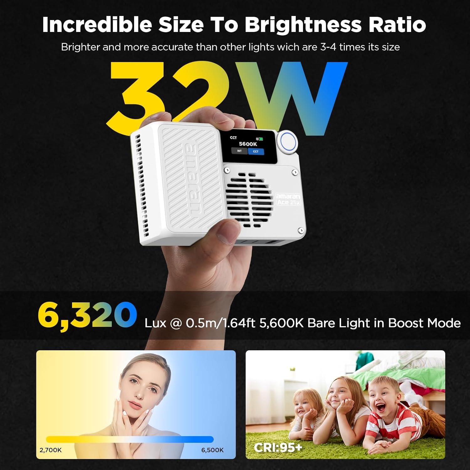 Luz LED Bi-Color Amaran Ace 25x - 32W, 1,600 Lux, Batería 4,500mAh