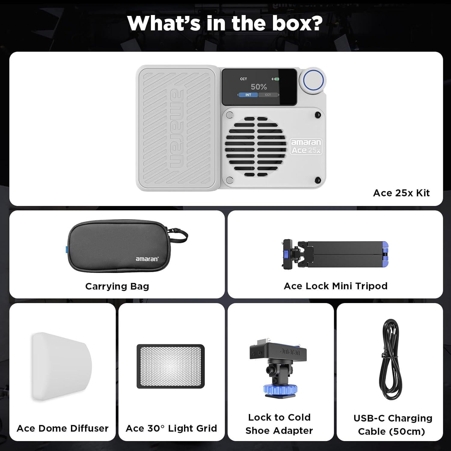 Luz LED Bi-Color Amaran Ace 25x - 32W, 1,600 Lux, Batería 4,500mAh