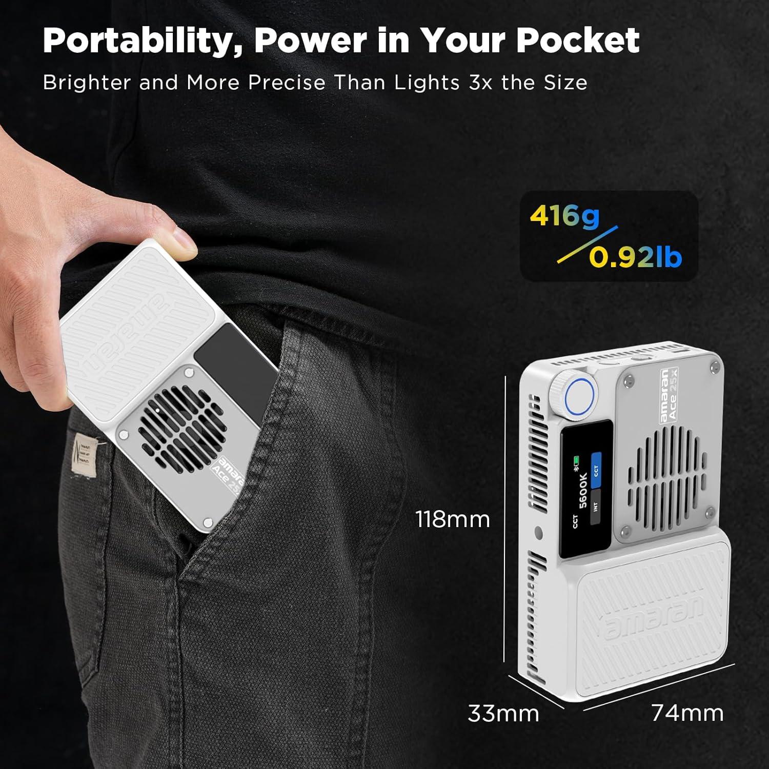 Luz LED Bi-Color Amaran Ace 25x - 32W, 1,600 Lux, Batería 4,500mAh