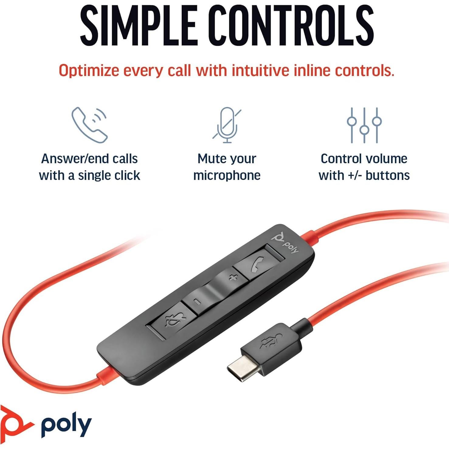 Auricular con cable Poly Blackwire 3320 USB-C - Estéreo Hi-Fi