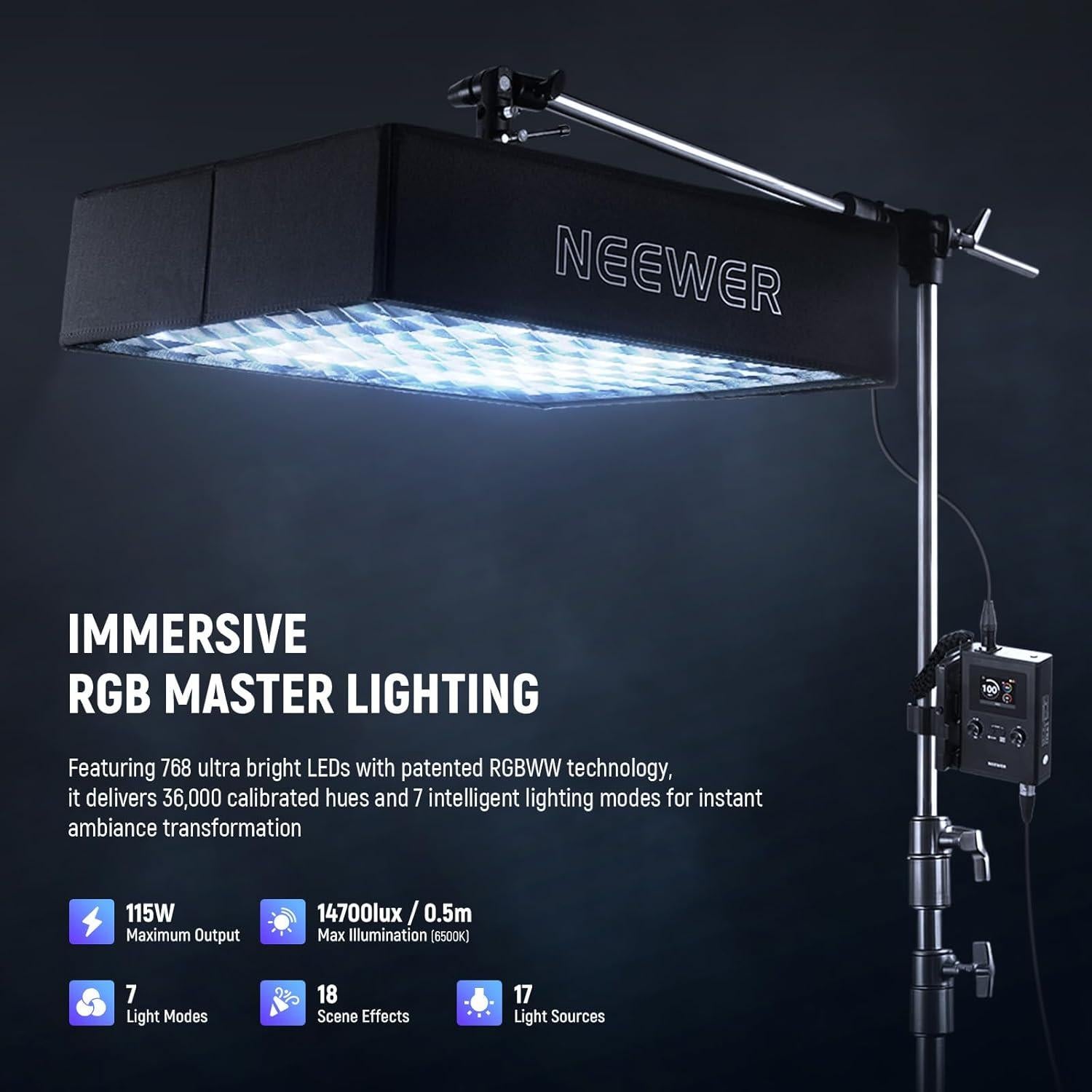 NEEWER 115W Flexible LED Video Light, Studio RGB Panel Light Mat Kit with Softbox APP/2.4G/DMX Control 2500K-10000K 14700lx/0.5m CRI96+, Key Lighting for Photography Streaming Video Recording, FL100C