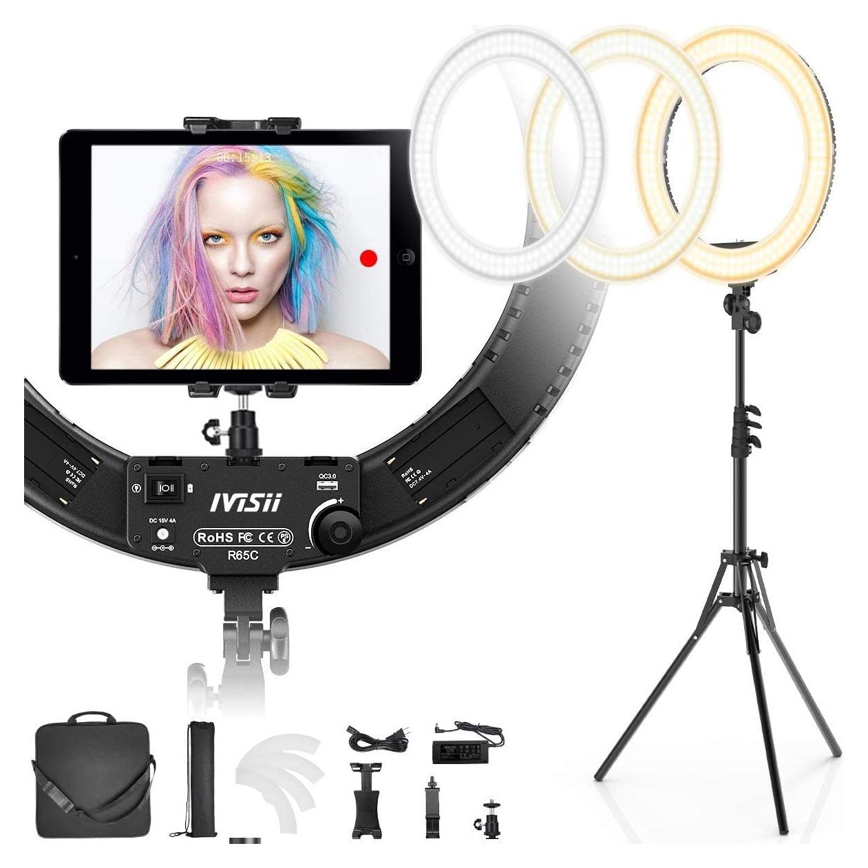 Anillo de Luz IVISII 19" Bi-Color 60W con Soporte y USB